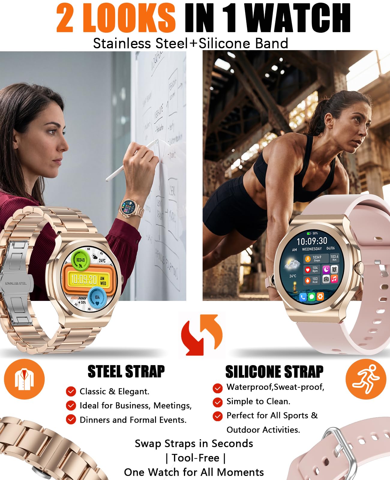 Smart Watch per uomo e donna, 1,25 pollici HD Fitness Tracker con Bluetooth chiamate/frequenza cardiaca/monitoraggio del sonno/100+ modalità sport, acciaio inox+cinturino in silicone per