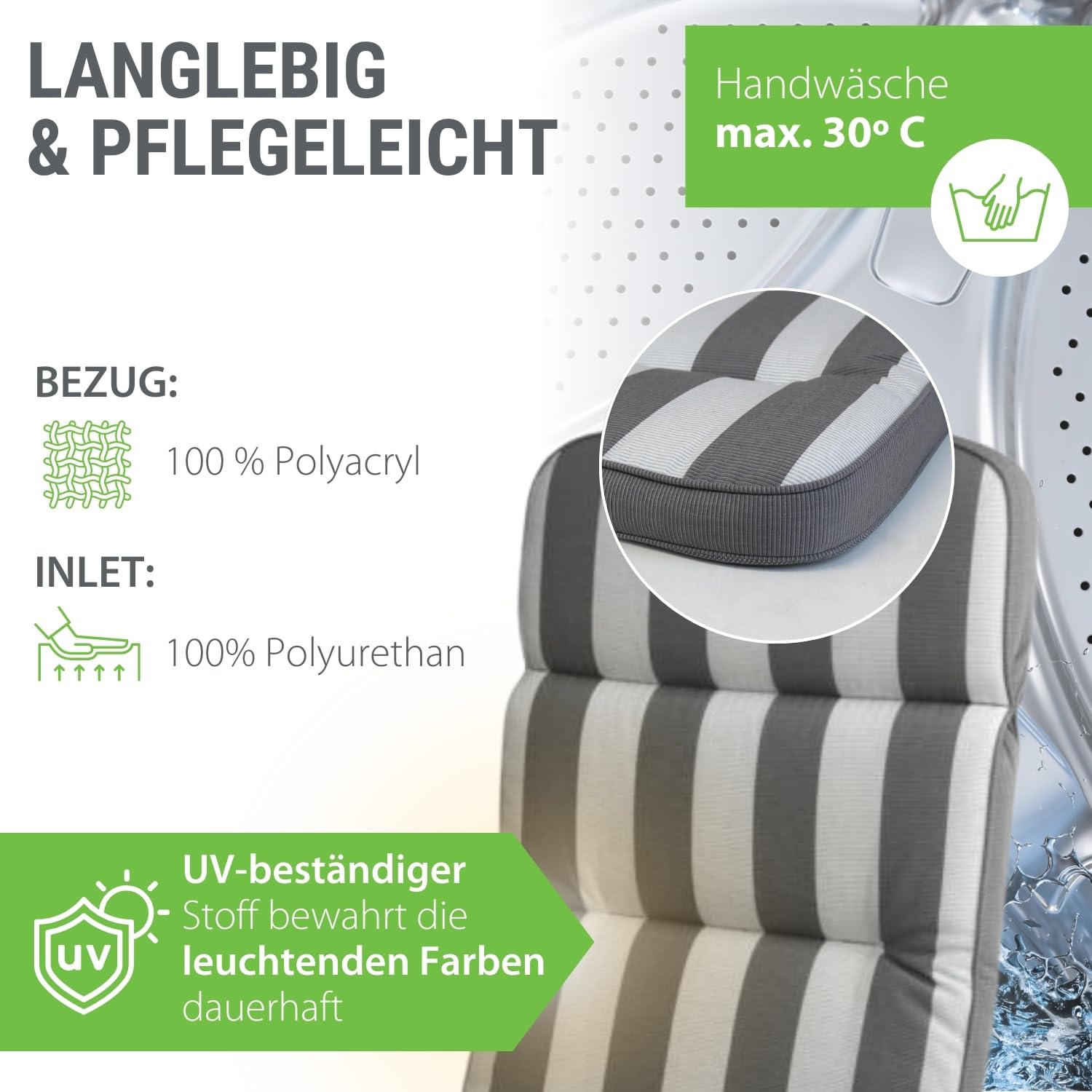Auflage Hochlehner hellgrau gestreift I Gartenstuhl Polster 120x50x7cm I hochwertige & Pflegeleichte Sesselauflage I Wetter- & formbeständige StuhlauflageI KTH3 Sitzauflage