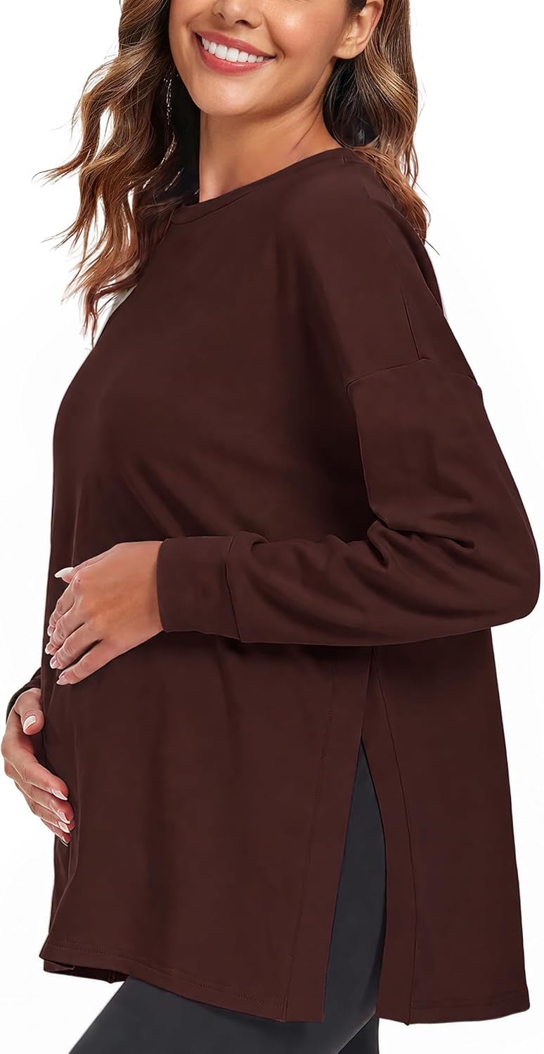 Ecavus Women's Maternity Shirts Long Sleeve Side Split Pregnancy Top