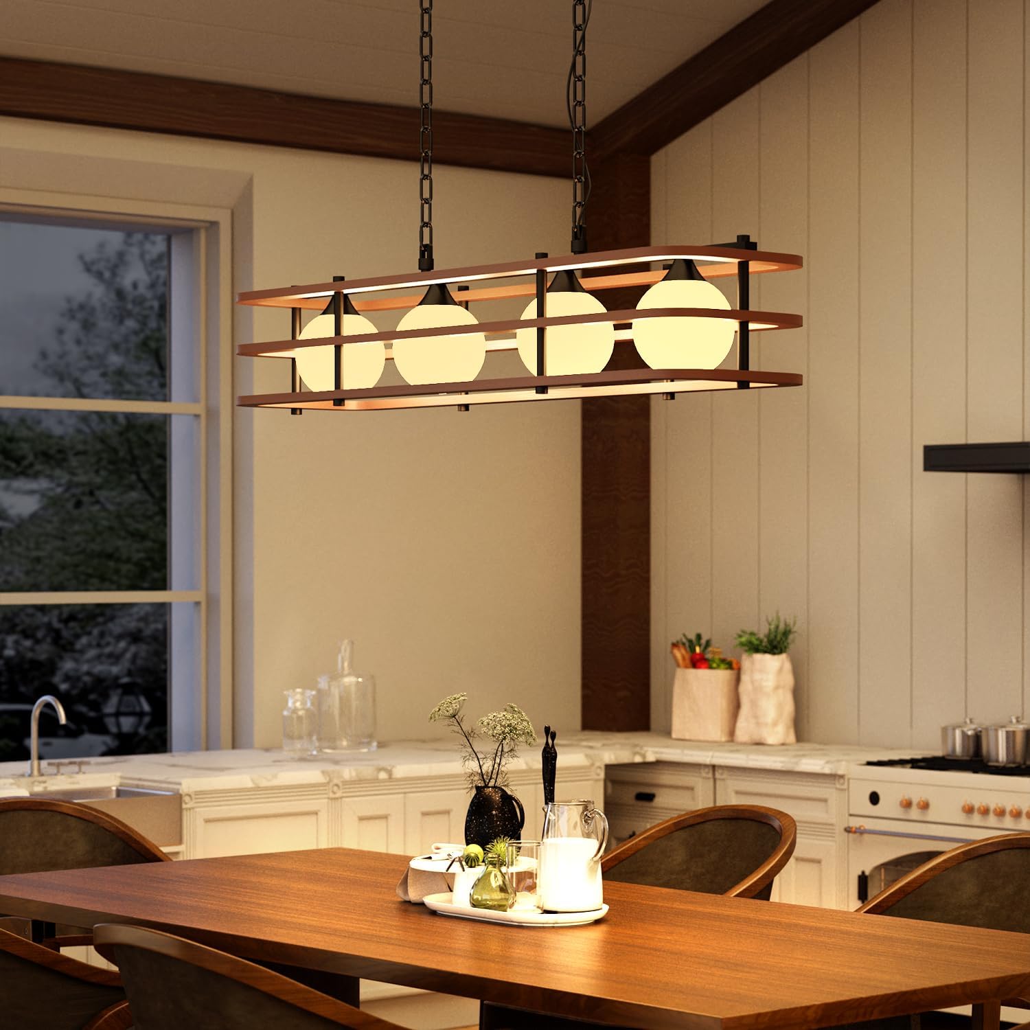35.4" Kitchen Island Lighting Hanging for Farmhouse Linear Chandeliers, Walnut Rustic Mid-Century Dining Room Light Fixture Over Table, 4-Light Wood Ceiling Pendant Light (Bulb Included)