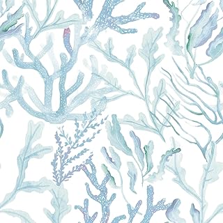 Tempaper Aqua Blue Coral Reef Removable Peel and Stick Coastal Wallpaper...