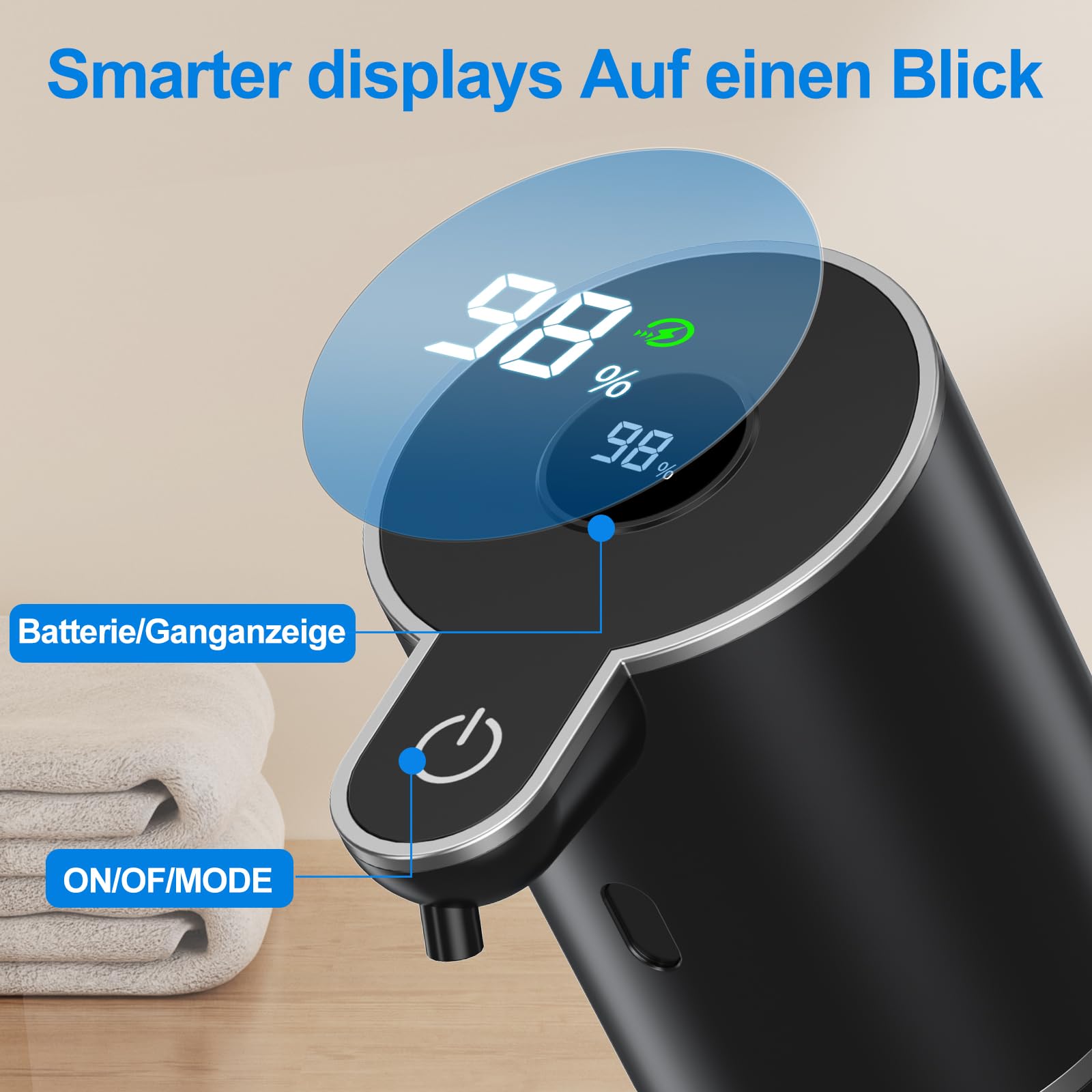 Fantictas Seifenspender Automatisch, Elektrischer Schaumseifenspender mit Display, USB-Wiederaufladbarer,6-Stufig Einstellbar, 380ml Wandmontage für Badezimmer/Küche/Geschirrspülmittel, Schwarz