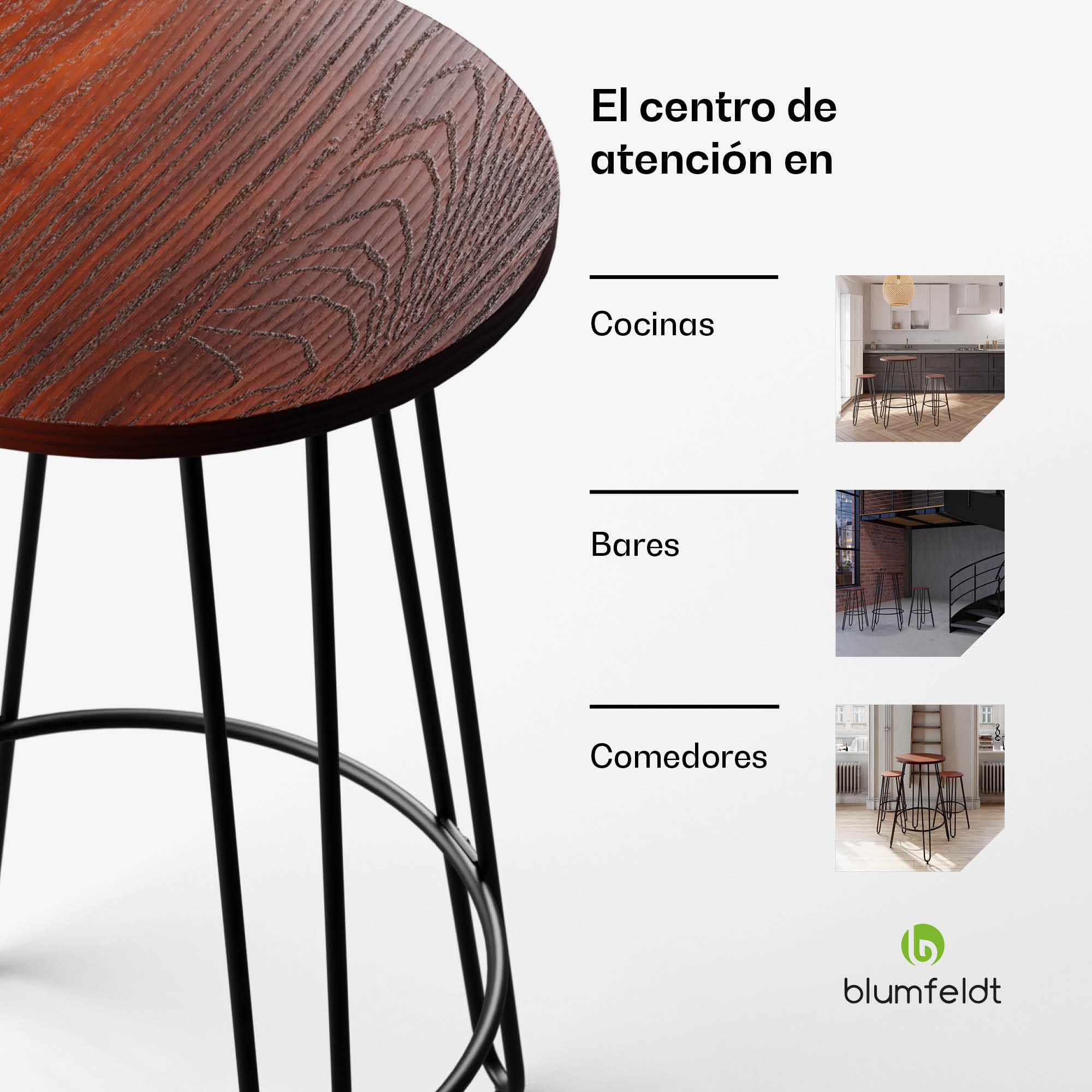 blumfeldt Mesa Bistro, 60cm Madera Caoba, Estilo Industrial, Estructura Acero con reposapiés, Mesa de Bar, Ideal para Cocina & Comedor