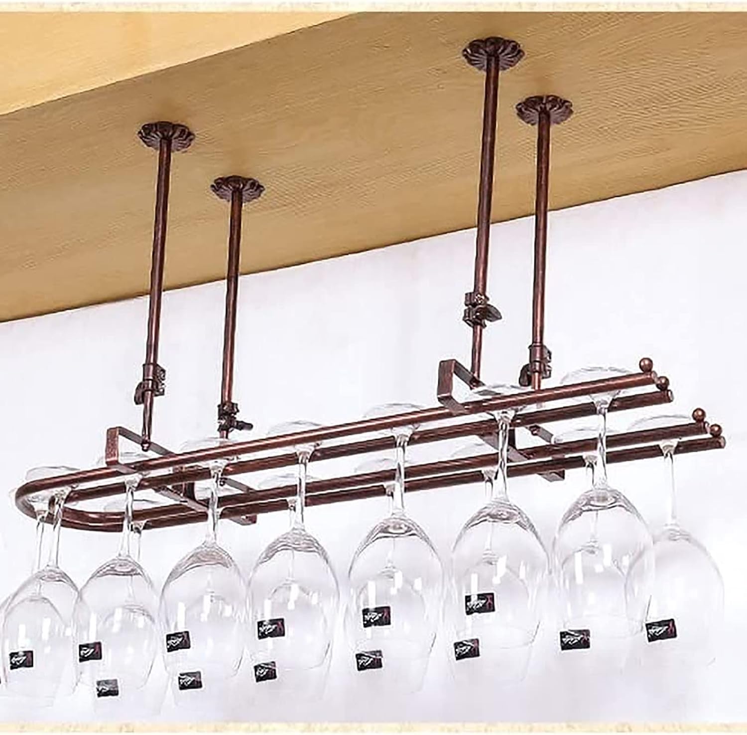 Hanging Wine Glass Holder Rustic Iron Wine Glass Rack,Ceiling Black Goblet Stemware Holder,Adjustable Height,Champagne Glass Shelf,for Bar Kitchen Restaurant