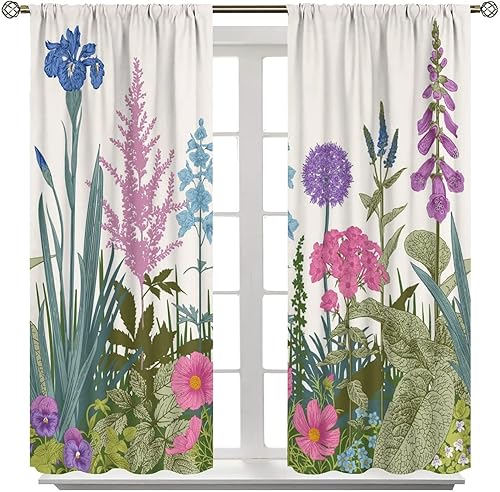 Miniatura 452 de Retro 70s Floral Blackout Window Curtains, Watercolor Flower Plant Rustic Modern Style Pattern Window Drapes, for Bedroom Living Room 42x45in 2