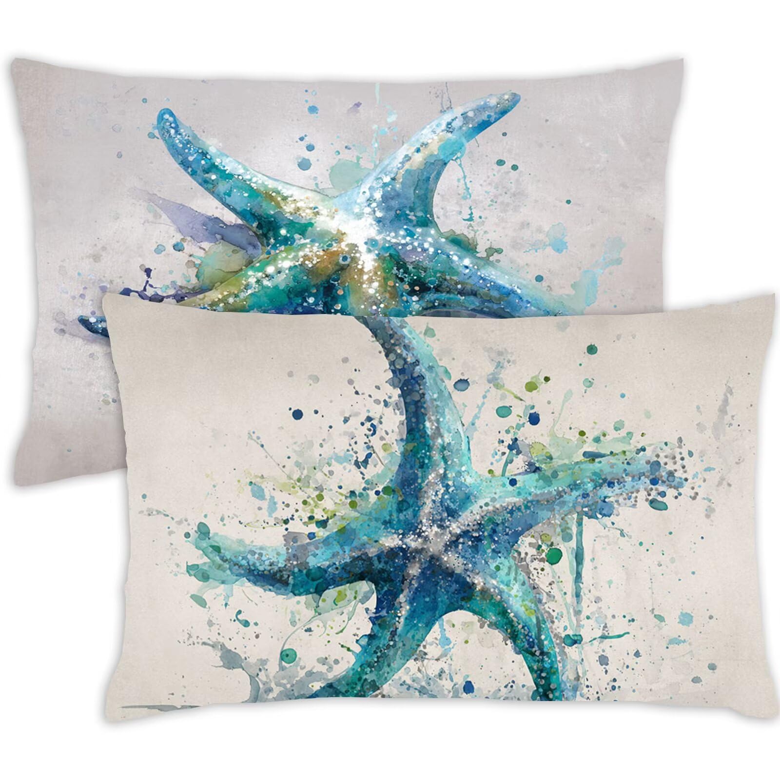 Pillow Cases 2 Pack 40 x 60 Cushions Teal Rectangle Cushion Covers 40cm x 60cm Starfish Double Sided Printing Velvet Pillow Covers with Invisible Zipper for Sofa Bedroom Autumn Decorations Gifts,97-j