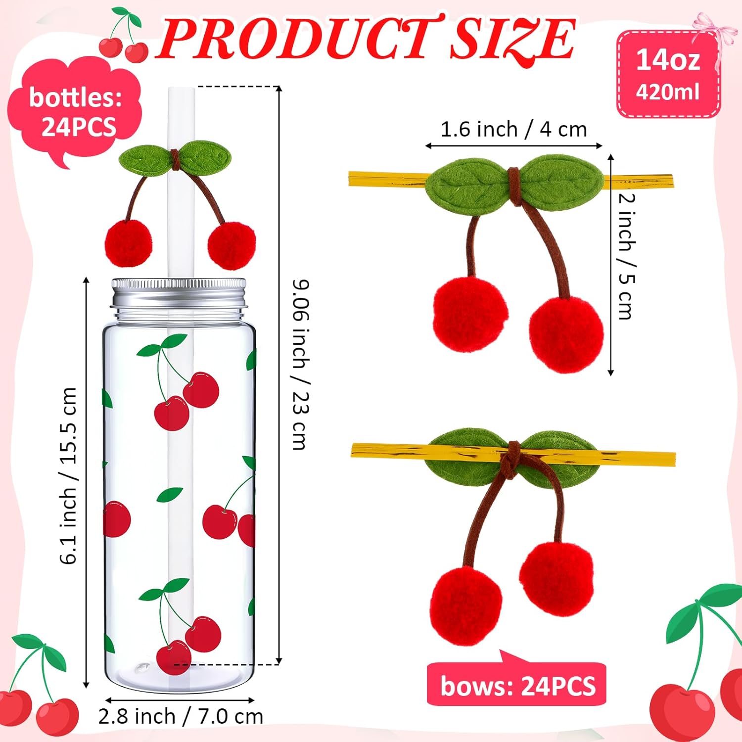 24 Pcs 14 oz Cherry Disposable Plastic Cups with Lids, Straws & Red Cherry Straw Toppers Cute Coquette Cold Beverage Drinking Cups for Princess Birthday, Wedding Party Supplies