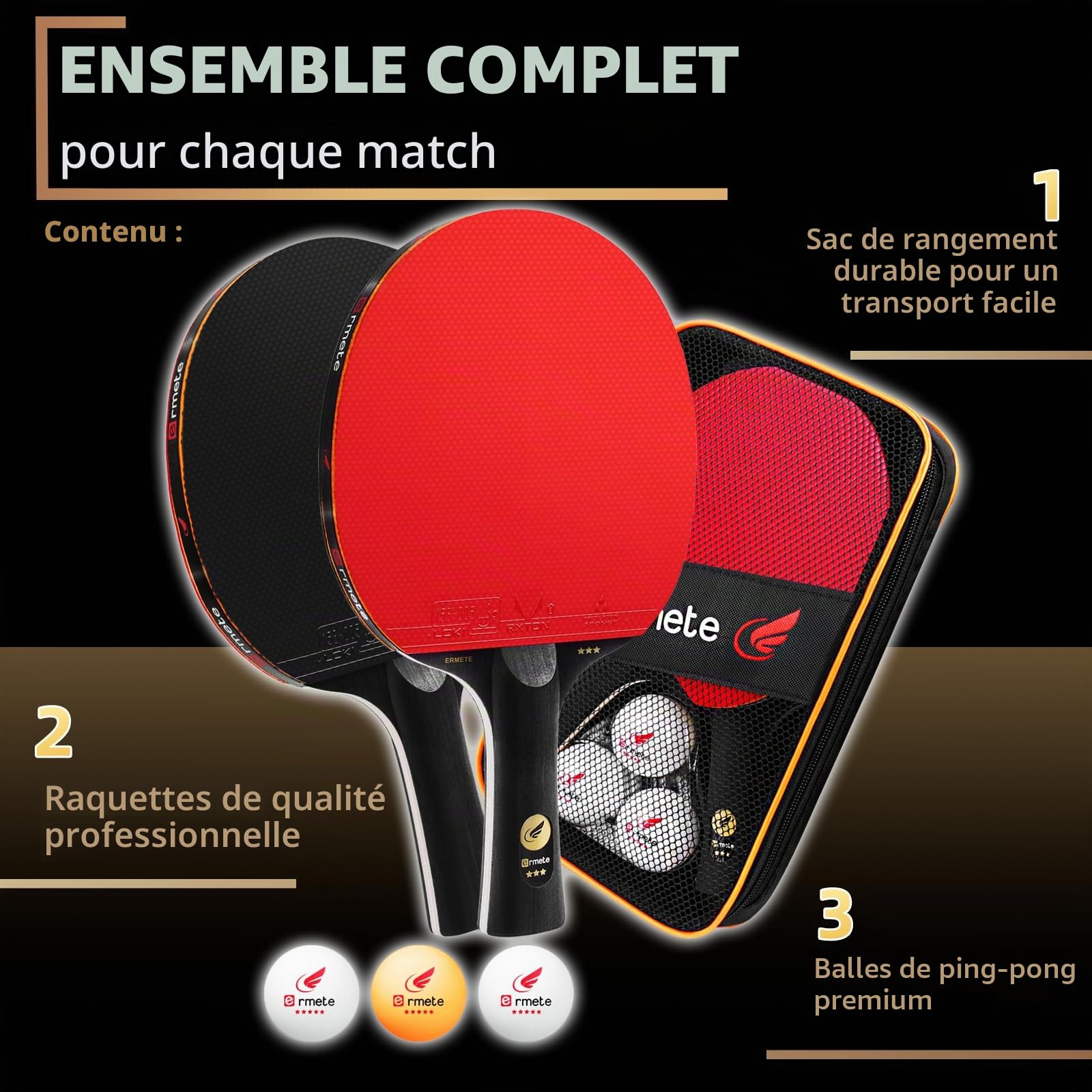 Ermete Sport Raquette de Ping Pong Set,Raquette De Tennis De Table Set pour Débutants et Joueurs Avancés Intérieur Extérieur,2*Raquette De Ping Pong+3*Balles(Ensemble RÉCRÉATIF)
