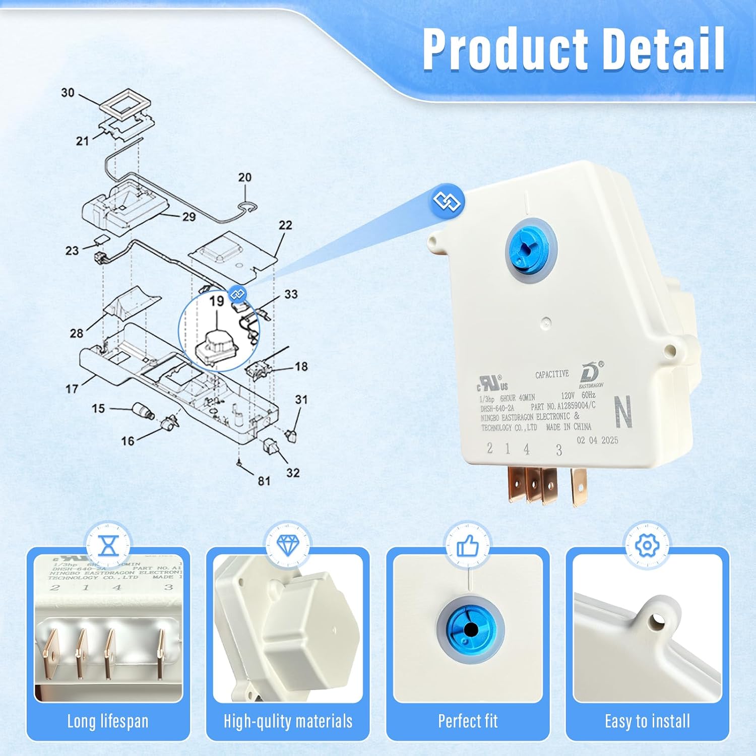 OEM 5304526183 Refrigerator Defrost Timer Compatible with Frigidaire and White-Westinghouse Refrigerator, Replacement Part 4960382 AP7014390 PS16227343 EAP16227343 FIX16227343 A12859004/C DHSH-640-2A