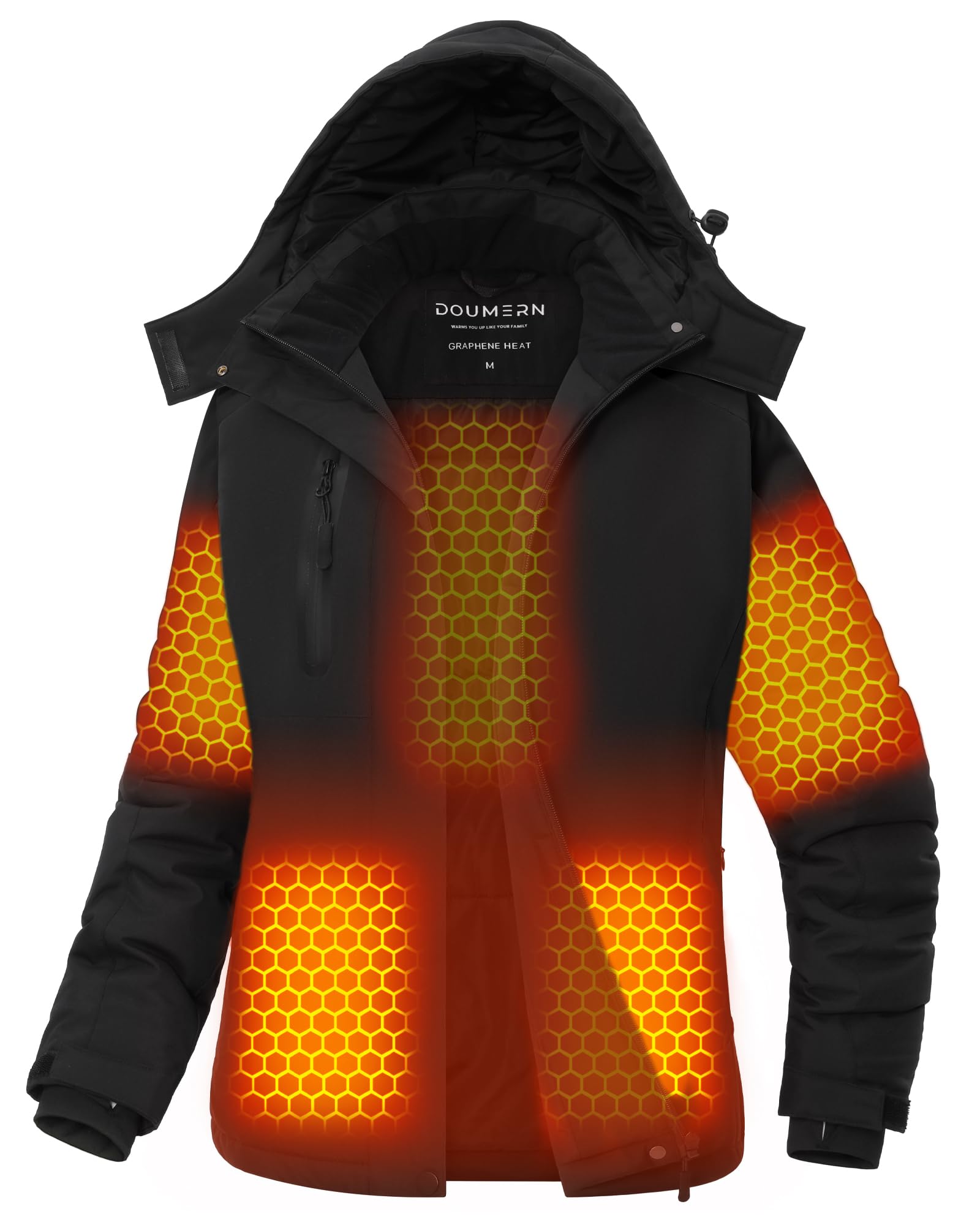 Graphene Heated Jacket Women Rechargeable Battery Pack 18400 mAh Winter Warming Waterproof Electric Heating Coat with Detachable Hood, Black, XL, Mom