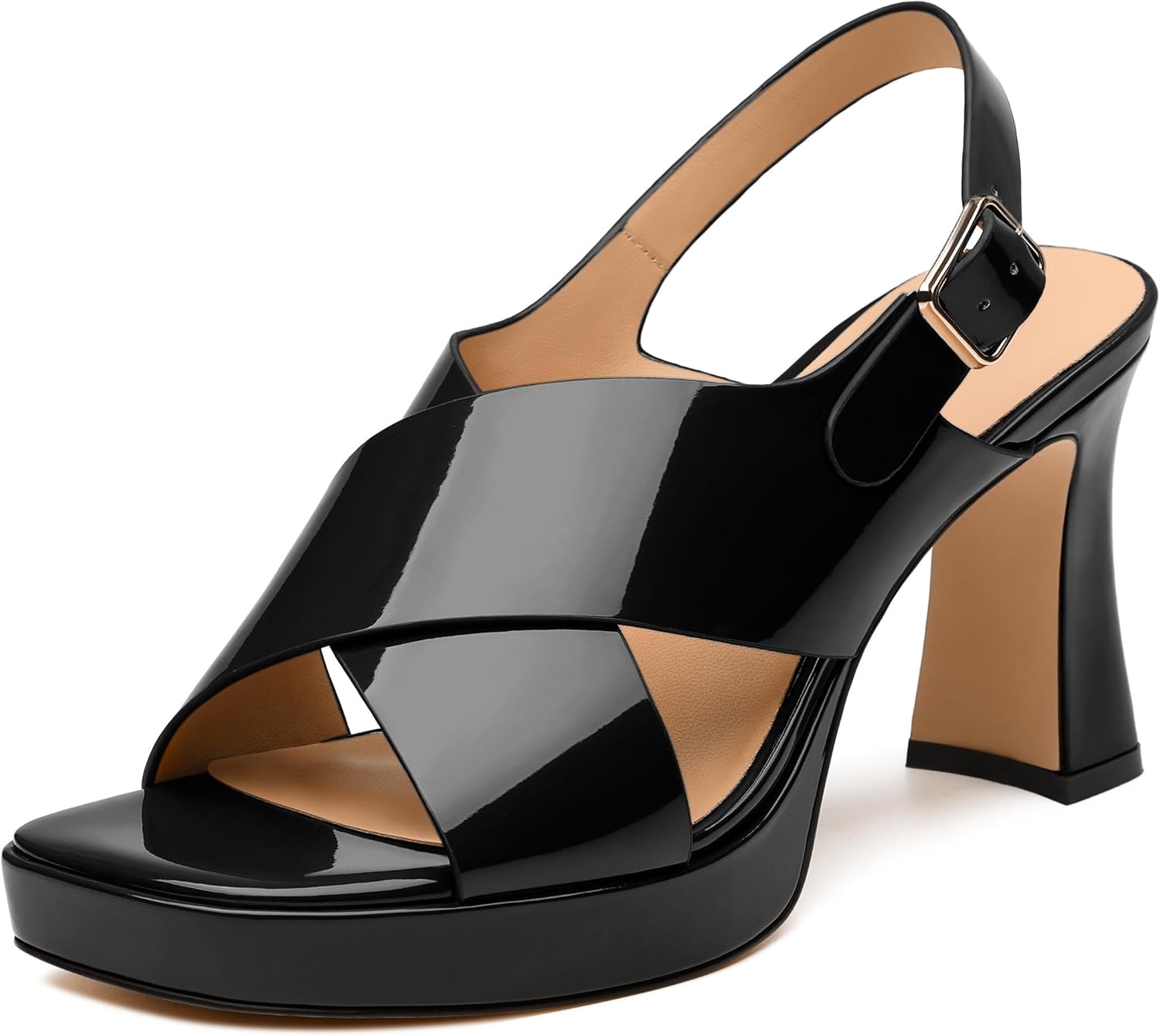 SKYSTERRY Women's Platform High Heels Chunky Block Heeled Sandals Slingback Square Open Toe Crossover Ankle Strap Heels Comfortable Wedding Party Prom Dress Shoes 3 Inch