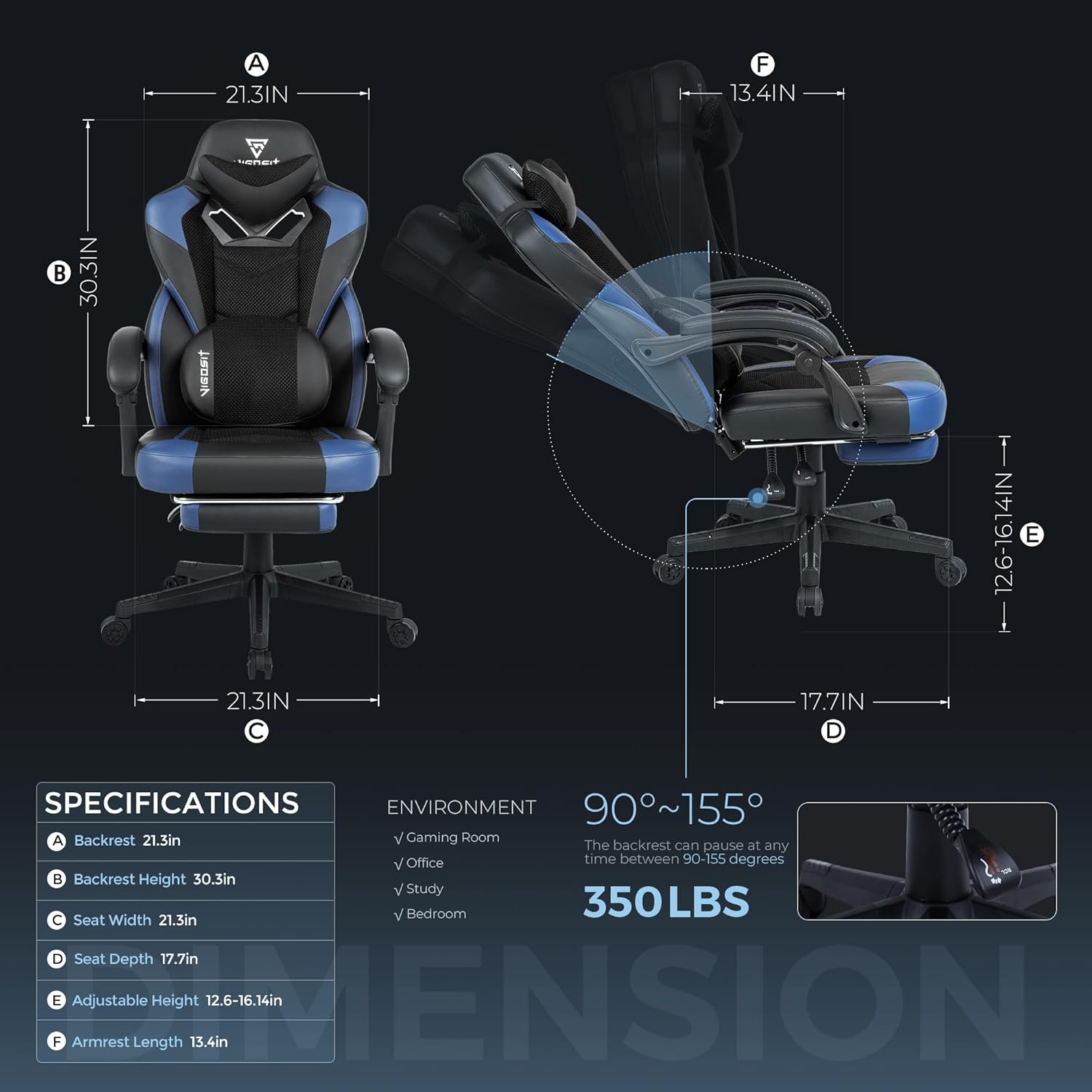 Diagram showing chair dimensions and specifications