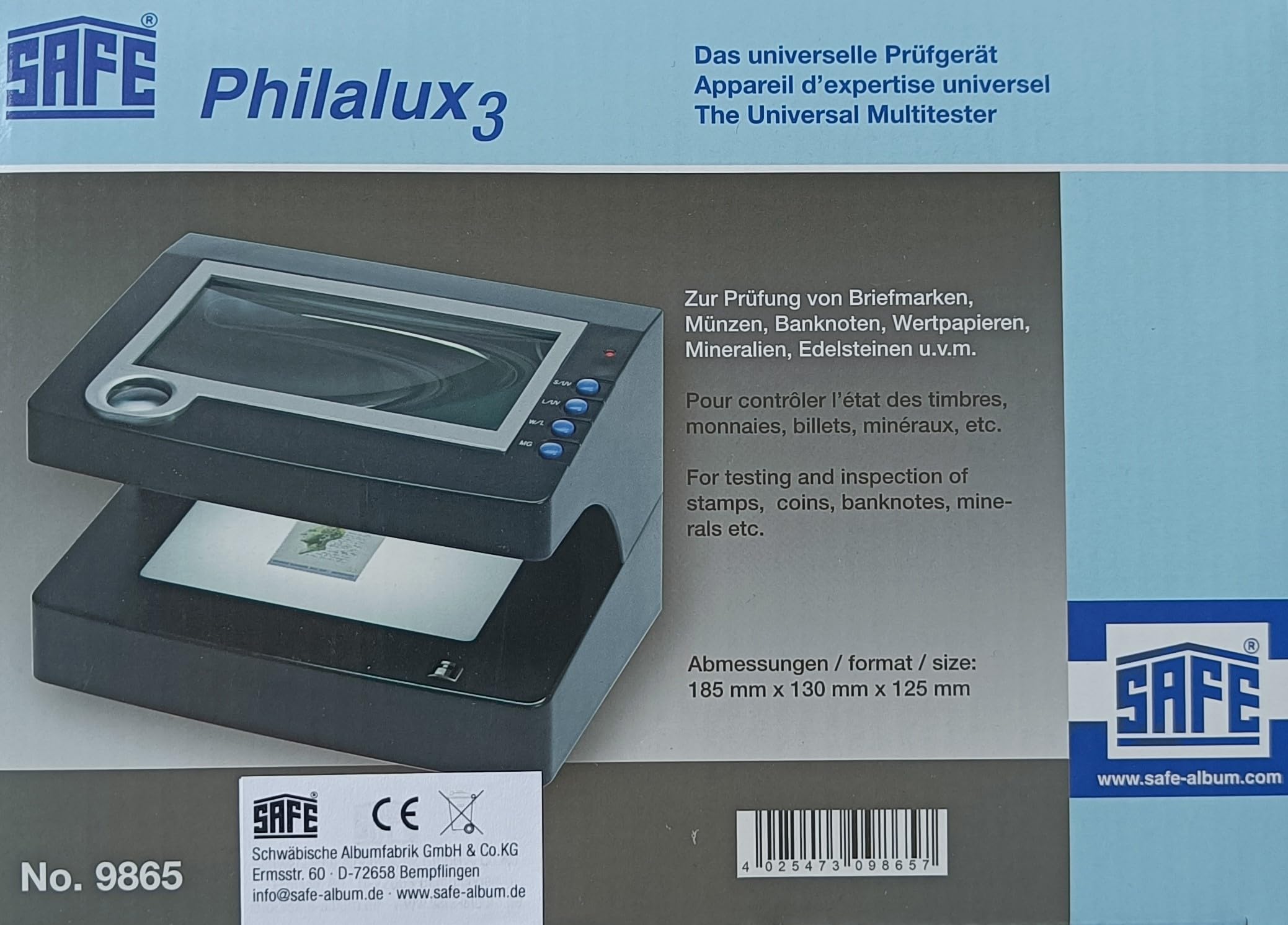 UV Prüfgerät für Banknoten, Briefmarken & Münzen | 2,5x & 12x Lupe | UVC & UV Licht | Durchlicht | SAFE 9865 Prüfgerät Philalux 3 mit Graphit-Detektor