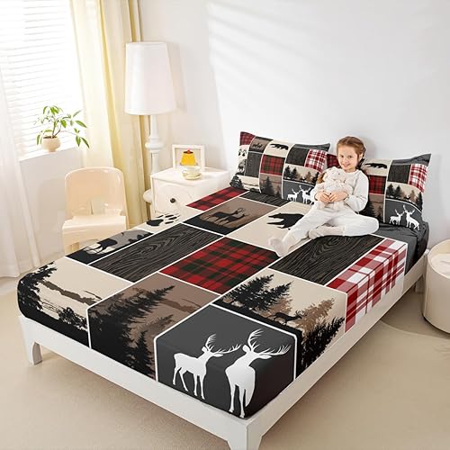 Miniatura 121 de Sábana bajera ajustable de oso de caza, juego de ropa de cama a cuadros de búfalo, sábanas de retazos de cabaña rústica para niños, niños, Multi