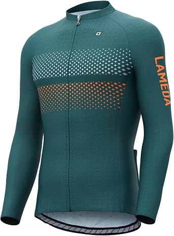 LAMEDA Mens Cycling Jersey Long Sleeve, Breathable Moisture Wicking Bike Shirt, Lightweight Biking Shirt with 3 Rear Pockets