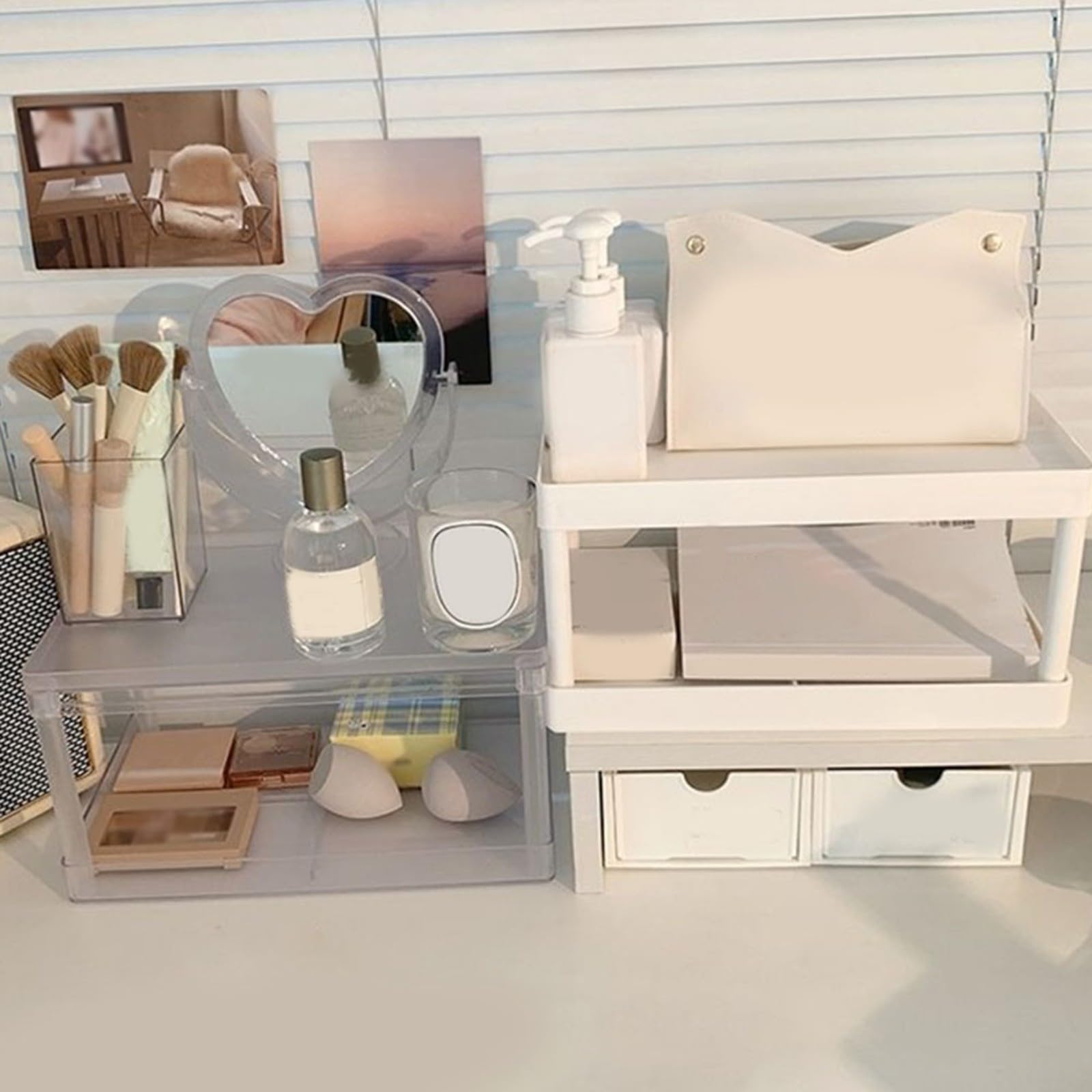 Doppelschichtiges Schreibtisch-Aufbewahrungsregal, abnehmbares Kunststoff-Organizer-Regal für Kosmetik, Schreibwaren, Büro, Wohnheim, Schlafzimmer, weiß, 28 x 185 x 15 cm