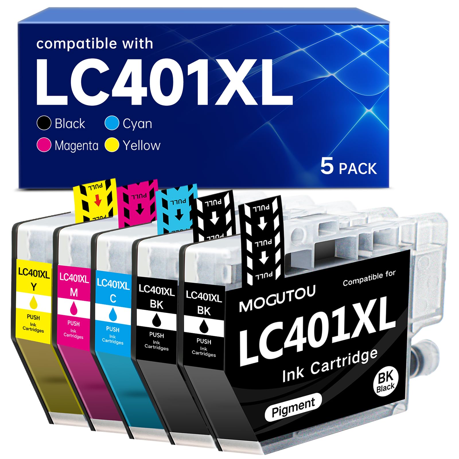 LC401XL Ink Cartridges Compatible for Brother LC401 Ink Cartridges for LC401XL 5 Pack for MFC-J1010DW MFC-J1012DW MFC-J1170DW Printer (2 Black, 1 Cyan