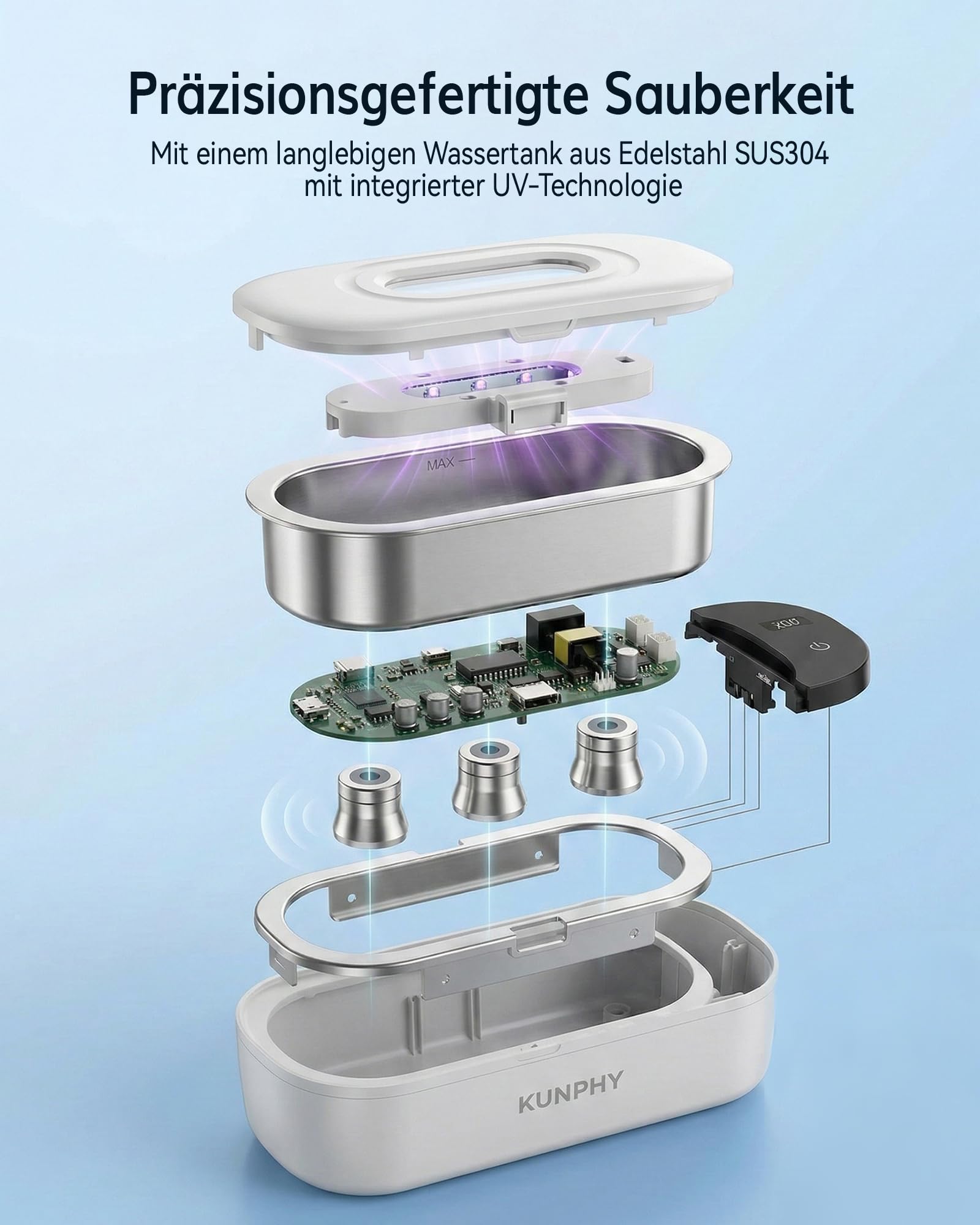 KUNPHY Ultraschallreinigungsgerät mit U-V – Brillenreinigungsgerät 400ml(20Oz) 48kHz, Ultrasonic Cleaner mit digitalem Dual-Modus-Display(5/10min), Ultraschallreiniger für Brille, Schmuck, Uhren