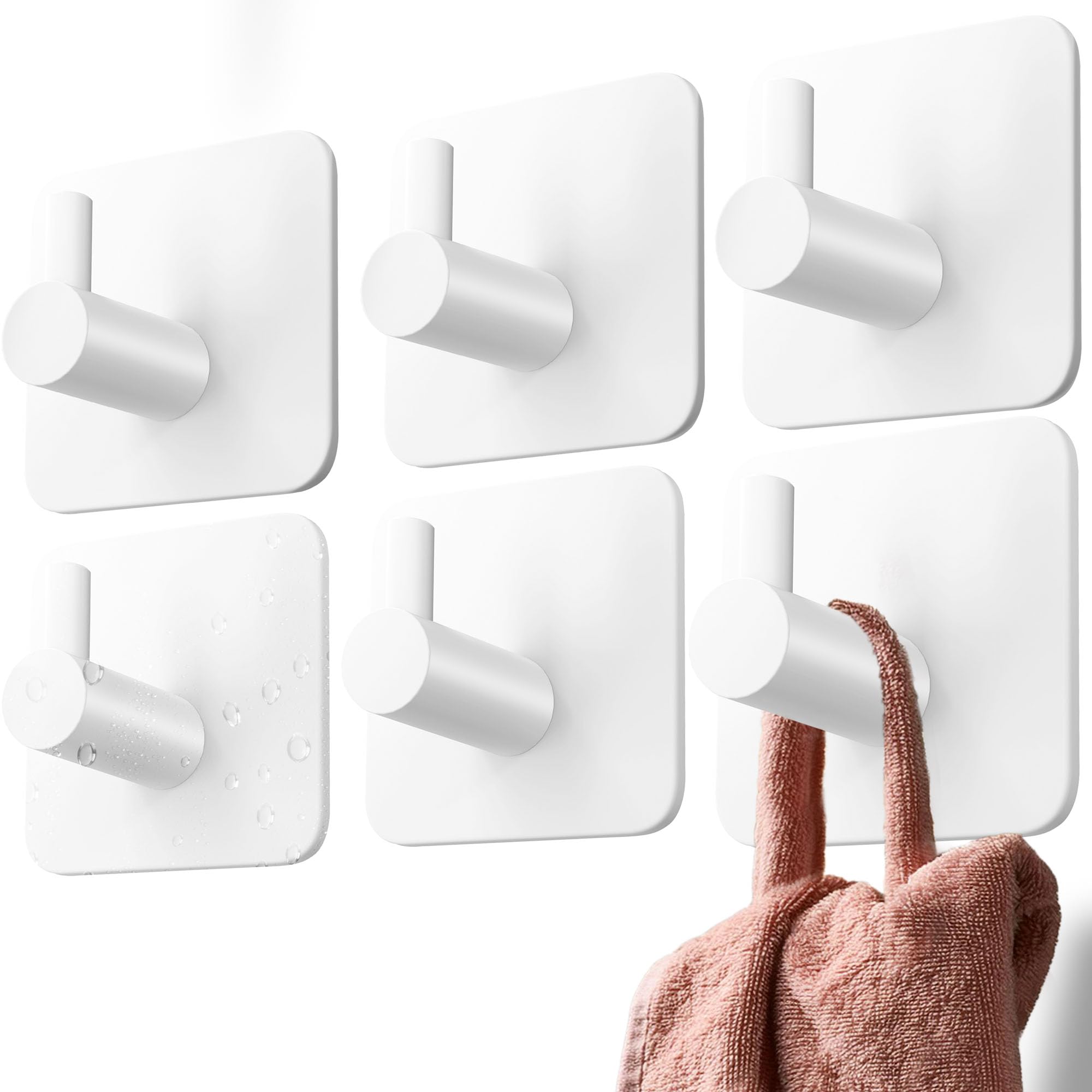 4Smile White Self Adhesive Hooks - 6 Pcs Strong Sticky Hooks For Hanging Towels - Stick On For Heavy Duty Waterproof, Bathroom Towel Rail, Tea Towel Holder