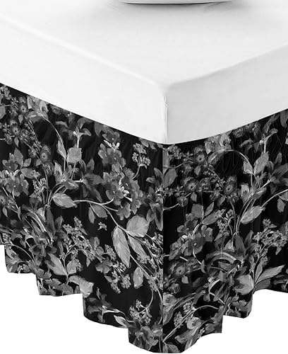 Miniatura 2 de Falda de cama de flores negras tamaño Queen de 16 pulgadas de caída, ajustable y elástica envolvente, plisada, con volantes de polvo de lujo para