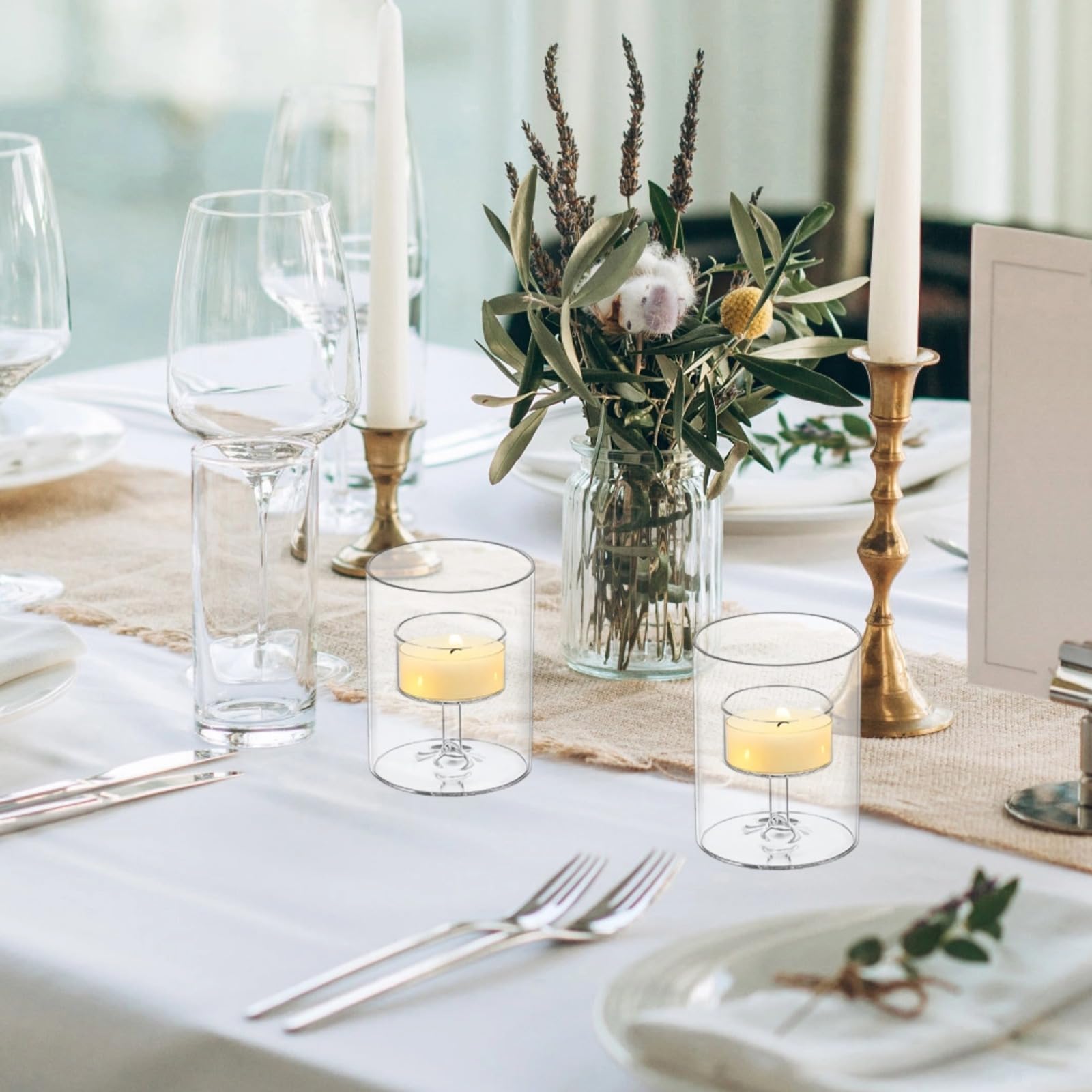 4 portacandele in vetro trasparente, di medie dimensioni, cilindrici, retrò, in vetro borosilicato, per matrimoni e feste