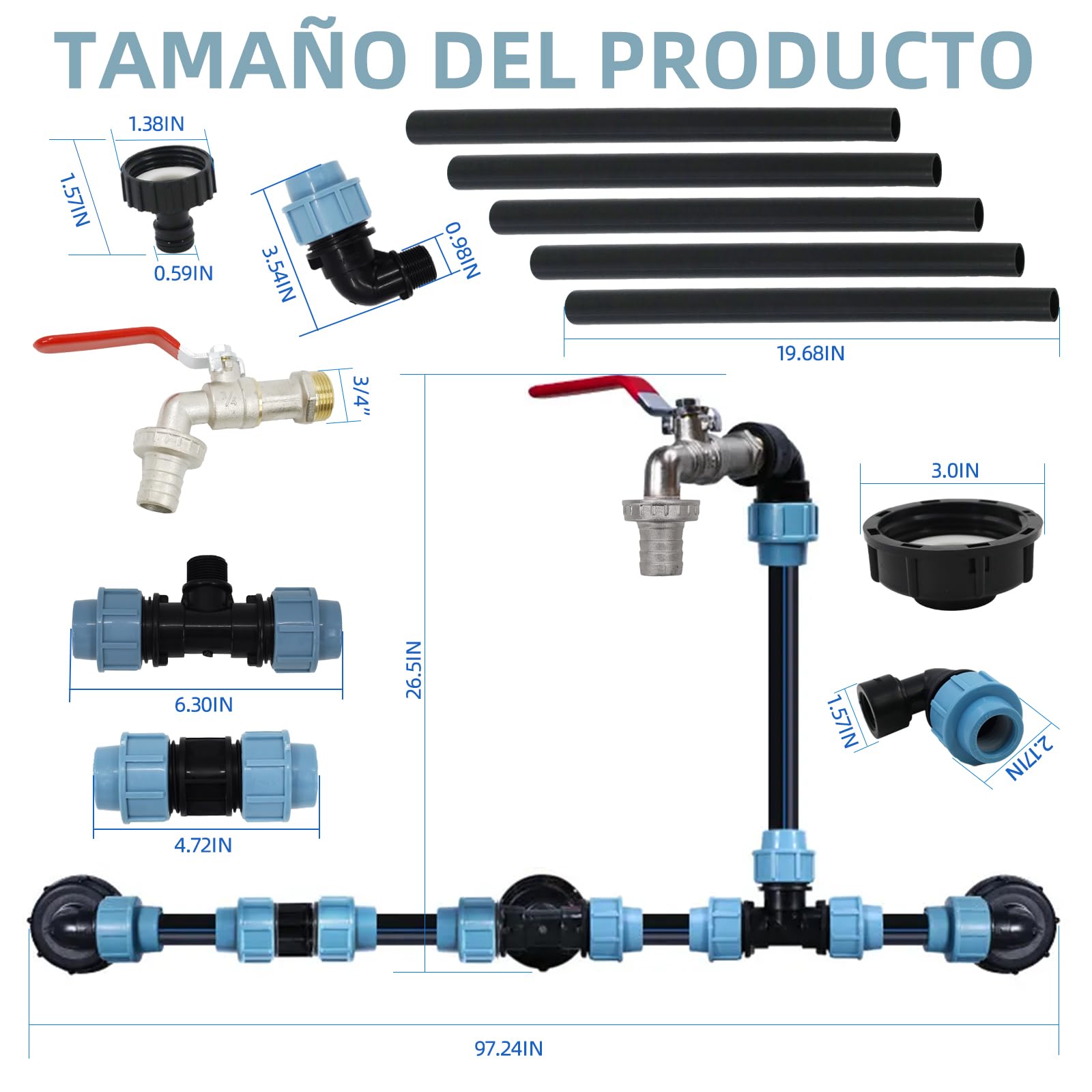 IBC - Kit de conexión para 3 depósitos IBC o barriles de lluvia, incluye grifo de cuello de cisne de 3/4", salida con conexión de manguera, ideal para riego de jardín