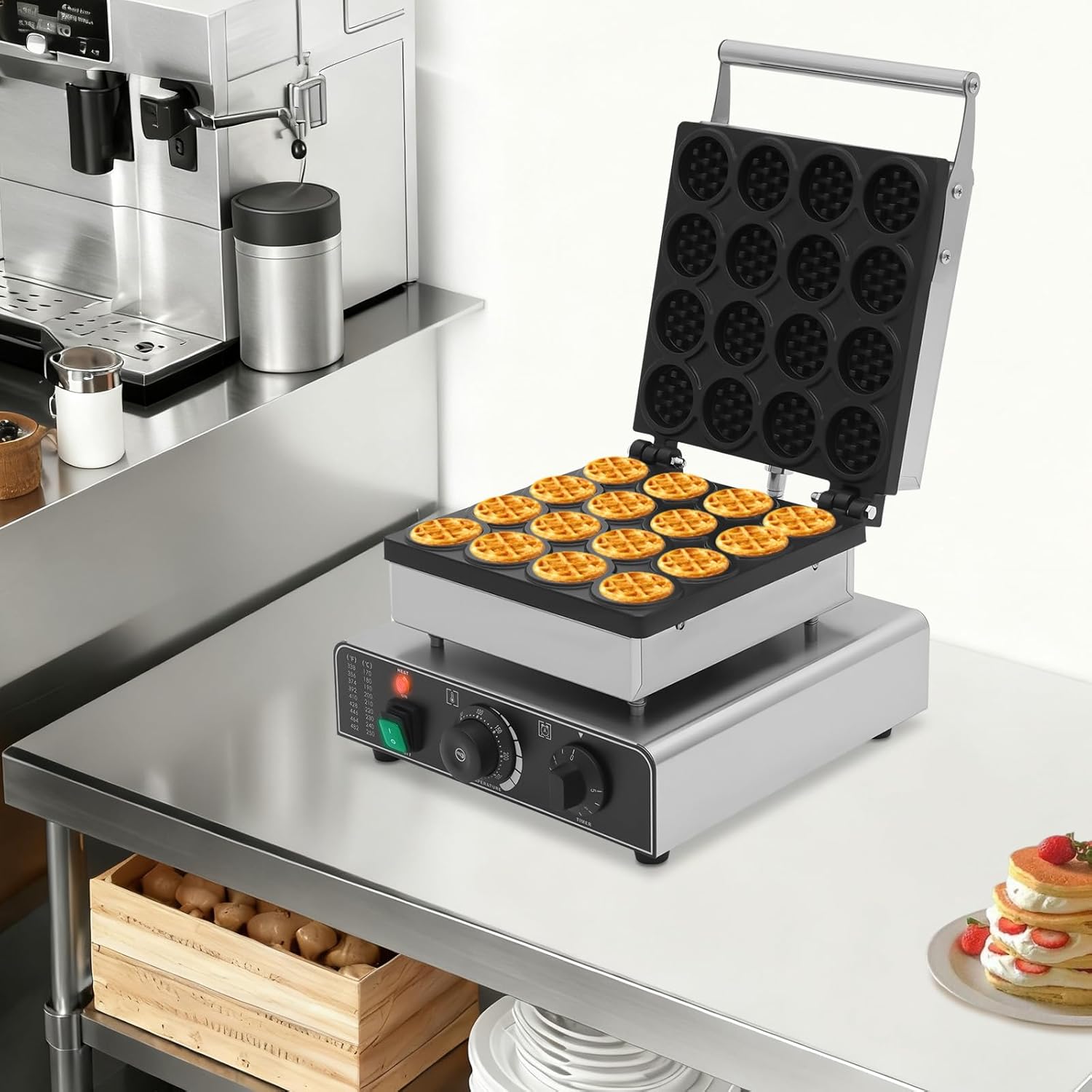 Commercial Round Waffle Maker, Mini Belgian Waffle Iron 16 Grids 1750W Electric Nonstick Waffle Machine Maker Stainless Steel Waffle Baker for Restaurant, Snack Bar, Bakery