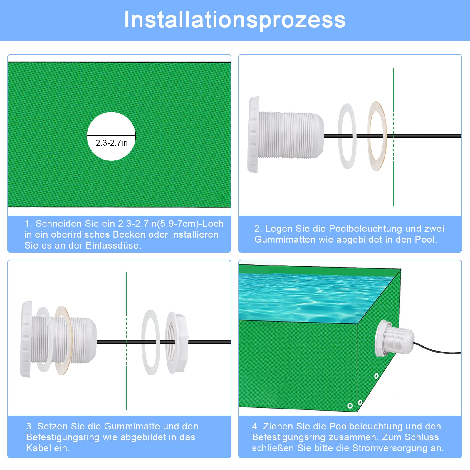 LED Poolbeleuchtung Unterwasser für Aufstellpool, 12W kalte weiße Frame Pool Poolbeleuchtung, 12V LED Unterwasserscheinwerfer IP68 Wasserdicht mit 7m Kabel,Außengewinde 2 ¼ Zoll