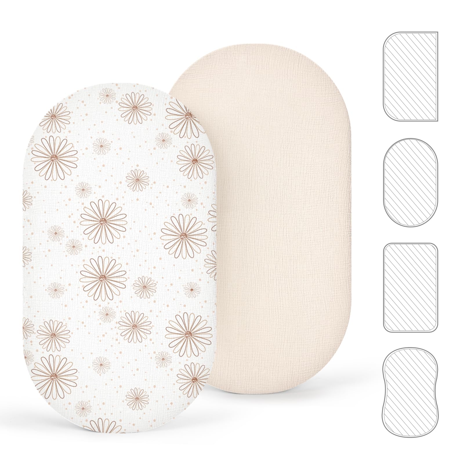 lulumoon Musselin-Baumwolle Spannbettlaken 2er Set: Bettlaken Beistellbett Kinderwagen Matratzenbezug für 35x75 cm 41x81 cm 40x90 cm Babybetten Stubenwagen (Gänseblümchen Weiß)