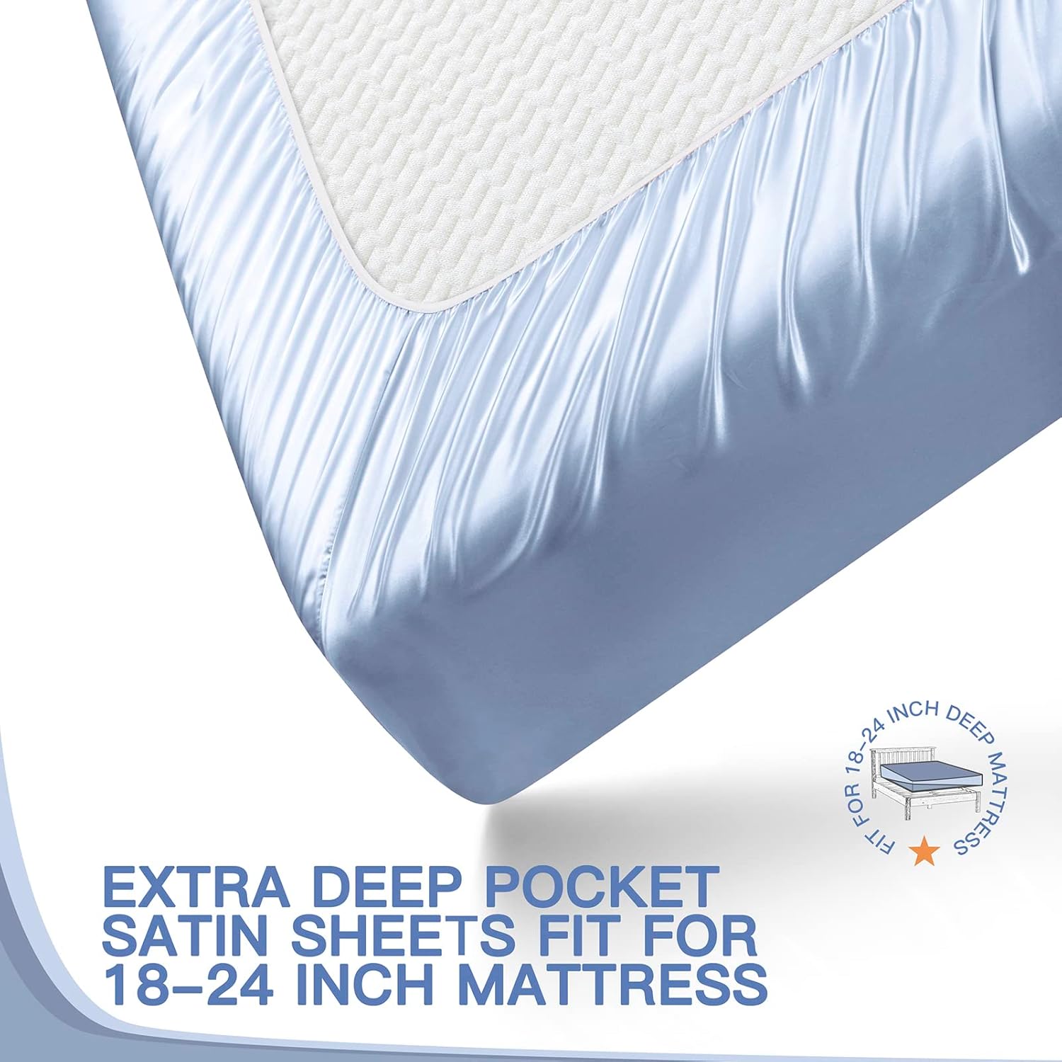 VACVELT 4pcs Extra Deep Pocket Queen Size Bedding Set, Baby Blue Luxury Satin Sheet Set Fit 18-24 Inch Deep Pocket Mattress, Soft & Ultra Deep Fitted Sheet Set