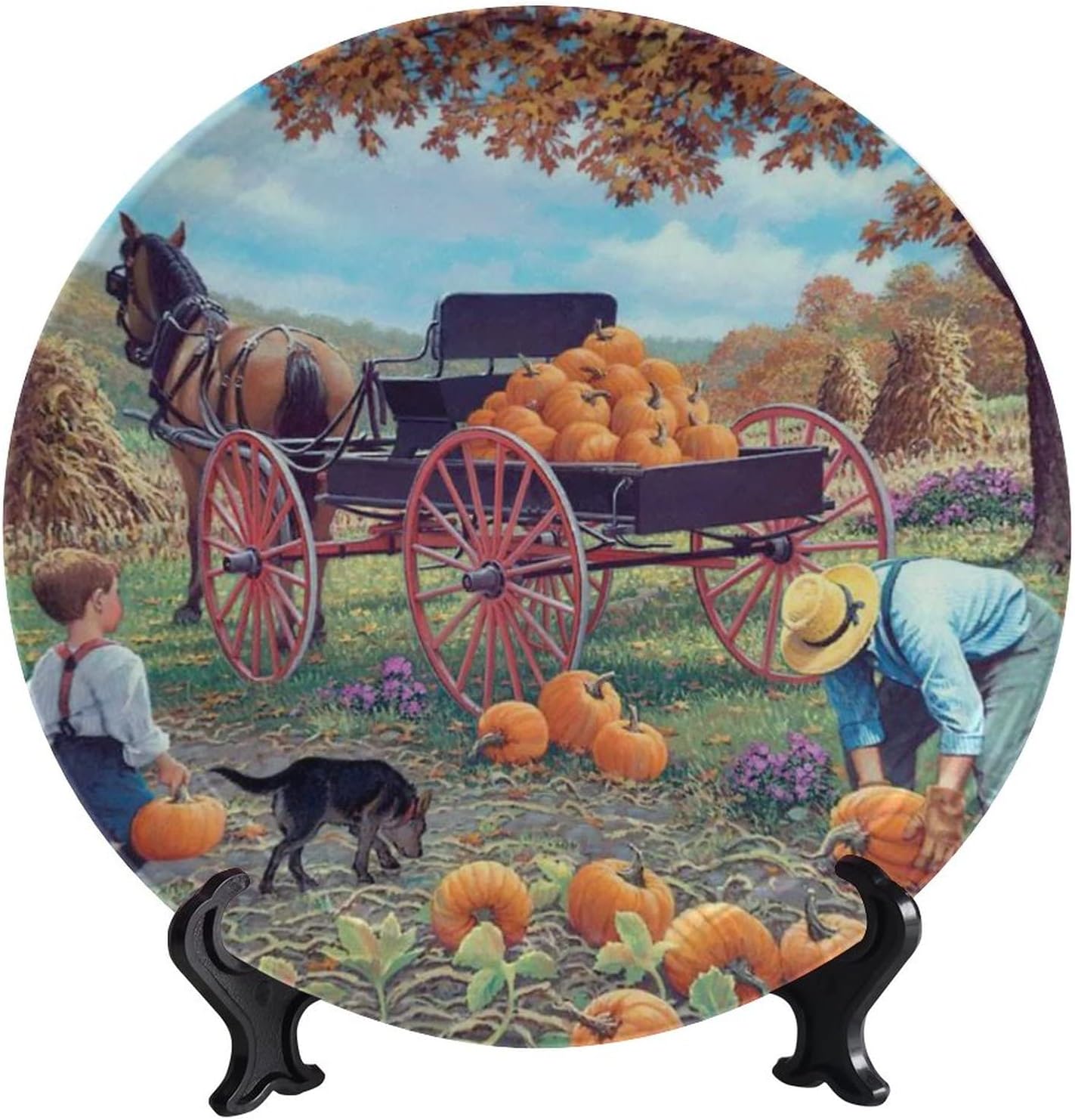 Autumn Harvest Theme Round Decorative Plate, Wagon and Pumpkin Ceramic Decorative Plate, with Vertical Stand, for Living Room Bedroom Kitchen and Office Wall or Dining Table Decor, 8 Inch