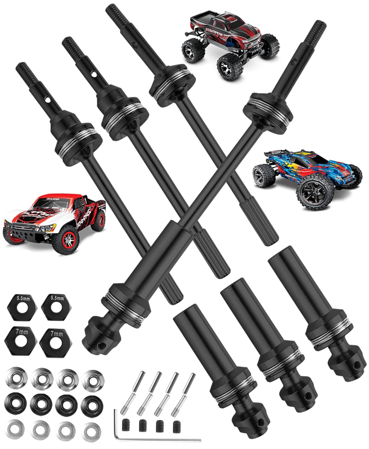 Rcarmumb RC Driveshafts CVD Upgrades Part for 1/10 Slash VXL 4x4 4wd,Rustler VXL 4x4 4wd,Stampede VXL 4x4 4wd,Front Rear Steel #45 Drive Shaft Axles with Hex,4PCS,Black