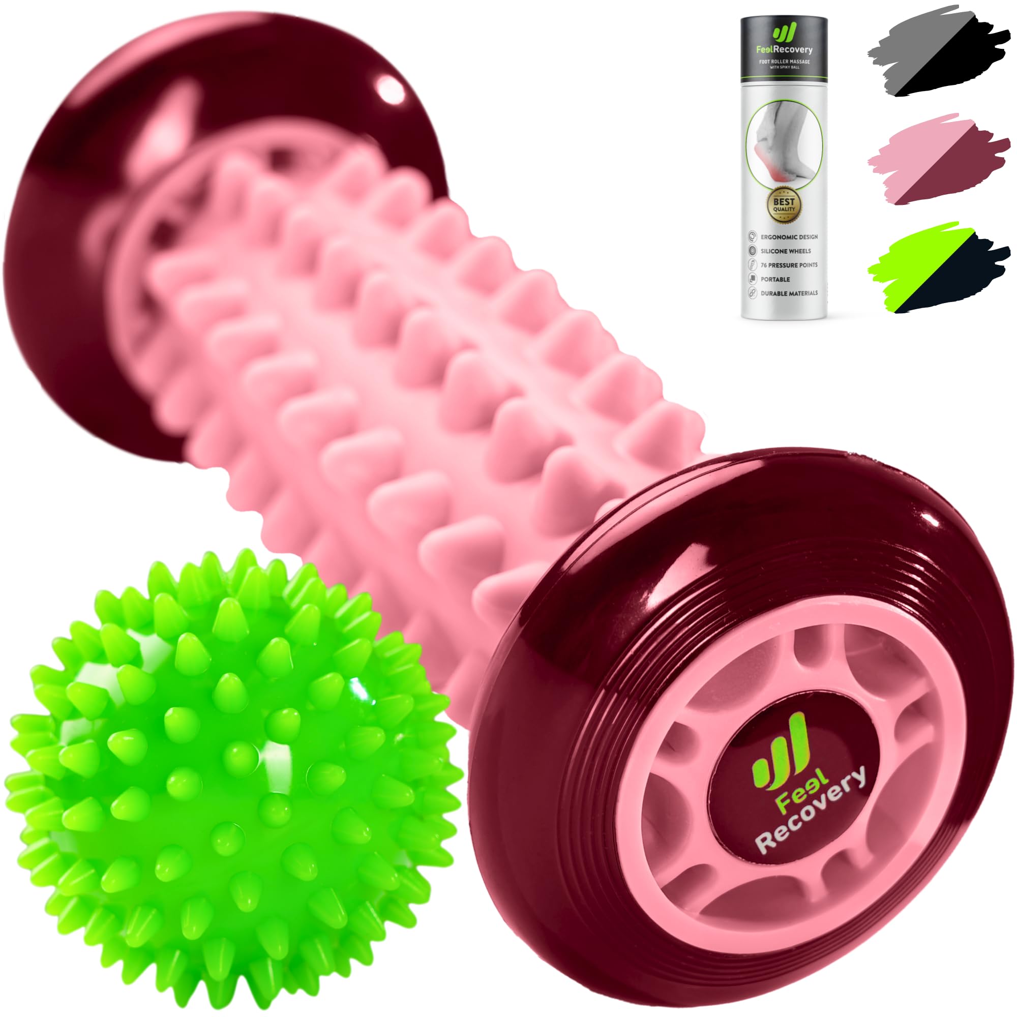 Set Rodillo Masajeador Pies para Fascitis Plantar + Pelota con Pinchos para Masaje Reflexología Podal - Kit Acupresión Alivio Dolor de Planta y Talón del Pie, Piernas, Anticelulitis (Rosa)
