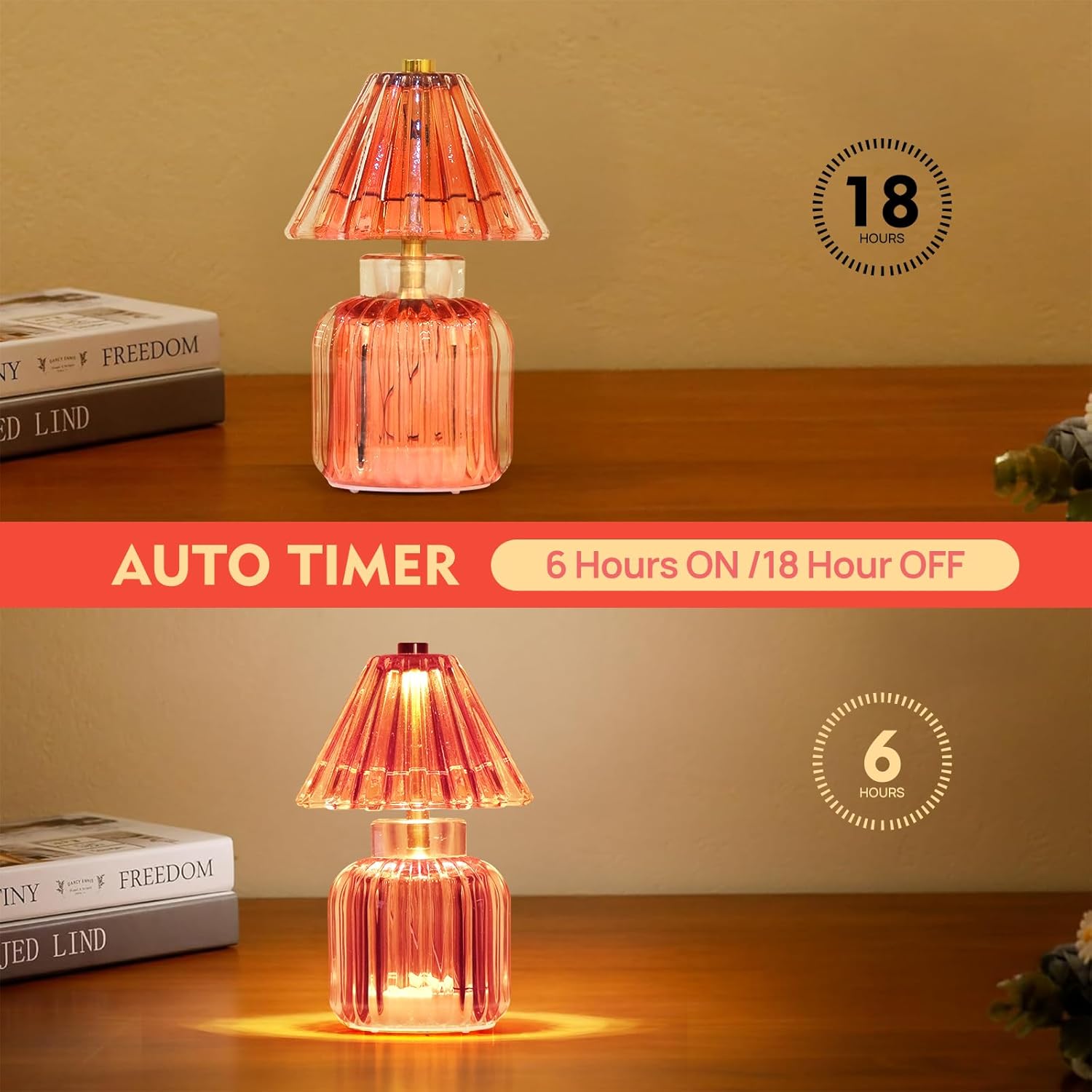 Small Battery Operated Lamp with Timer, Tiny Cordless Glass Table Lamp for Home Decor, Kitchen, Bathroom, Birthday Gift for Women, Jelly Red