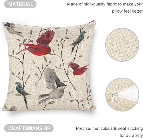 Miniatura 5 de Icotoibabie Funda de almohada de lino con patrón de pájaro de 18 x 18 pulgadas, funda de cojín decorativa de doble cara para sofá, cama, silla y