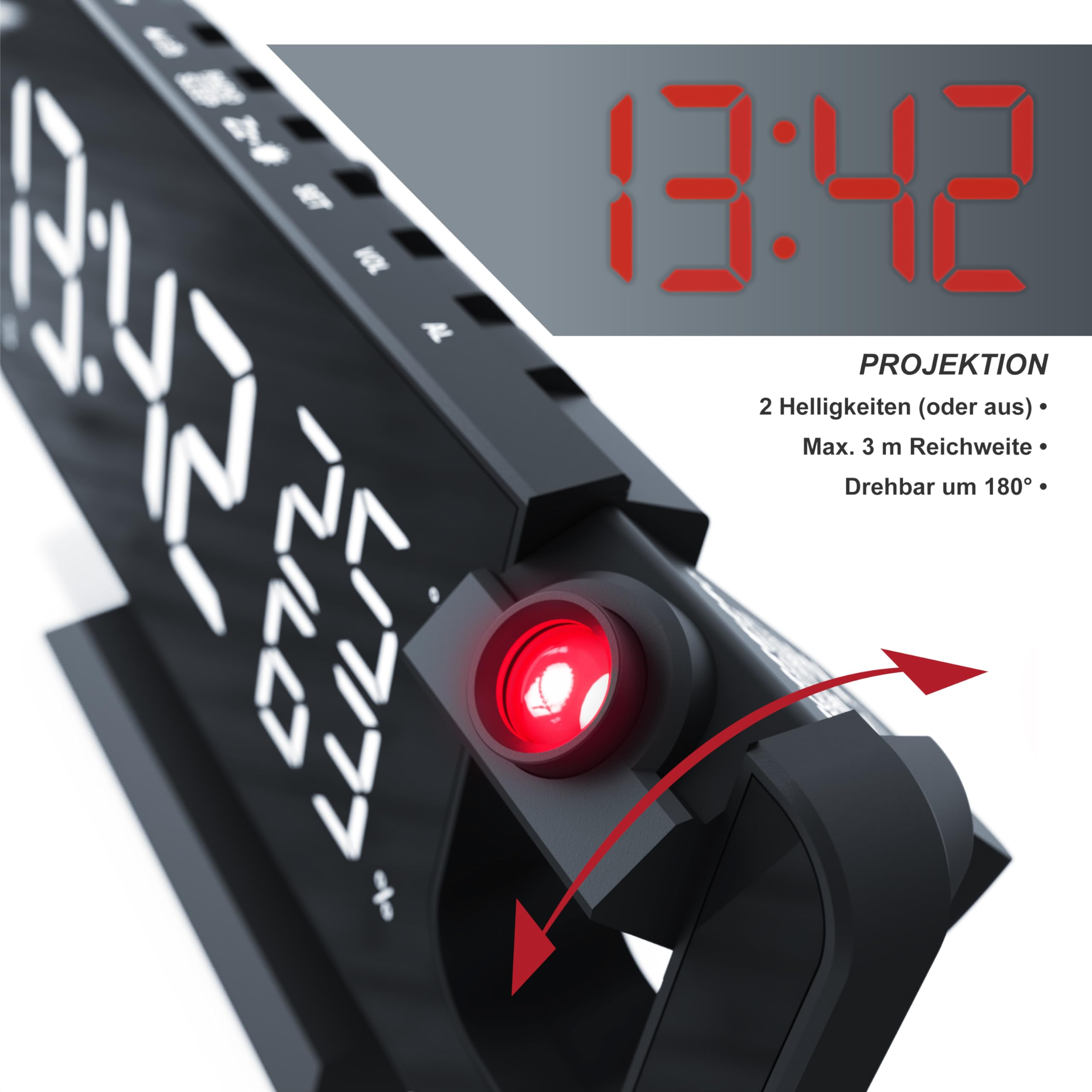 CSL - Wecker Digital Radiowecker mit 3 Stufen Bildschirmhelligkeit, Projektionswecker mit Temperatur- und Luftfeuchtigkeitsanzeige, Dual-Alarm 12 / 24h USB-Anschluss