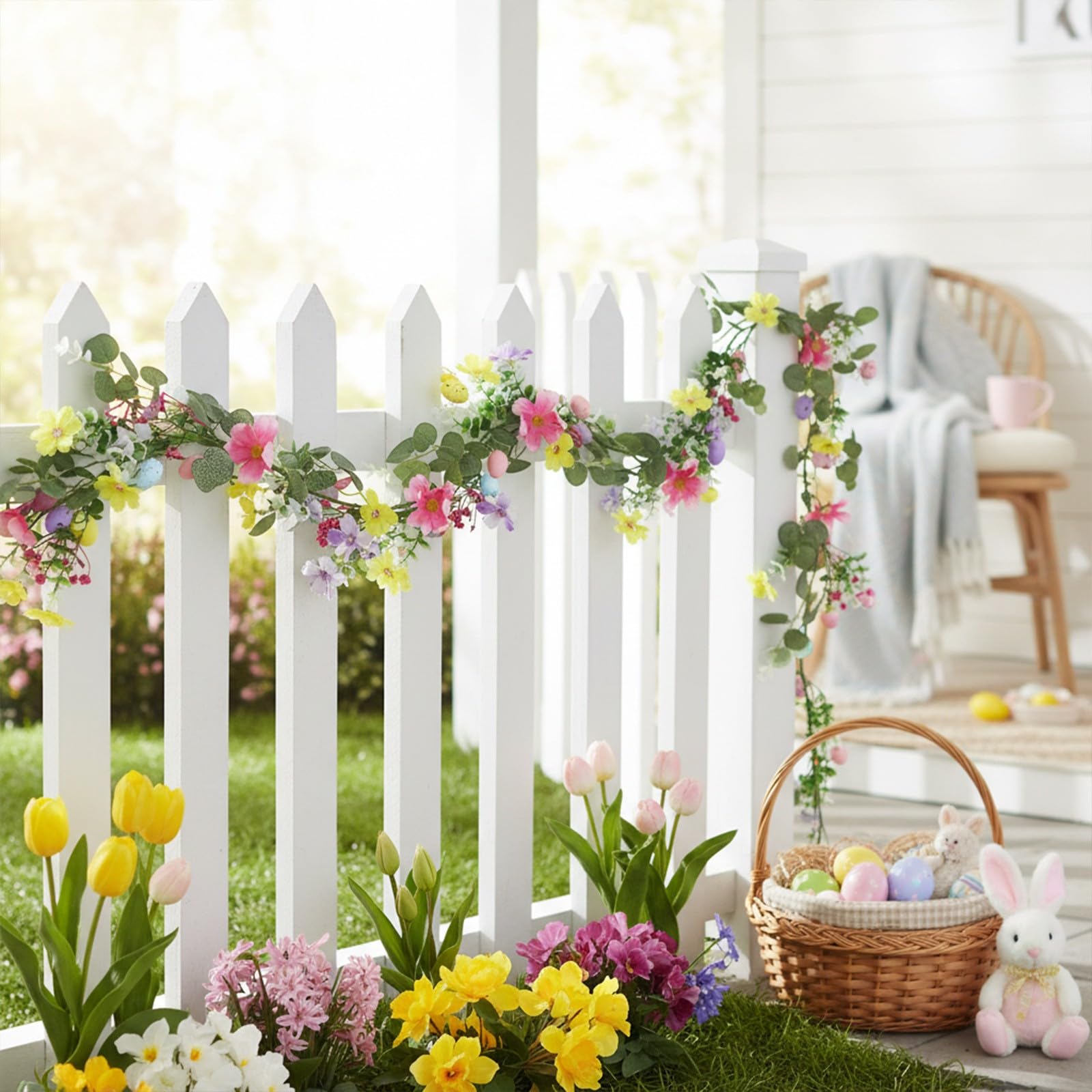 Ostergirlande mit pastellfarbenen Eiern und künstlichen Blättern, Frühlingsdekoration für Kaminsims, Kamin, Tischdekoration, Innen- und Außenbereich, Heimparty-Dekoration