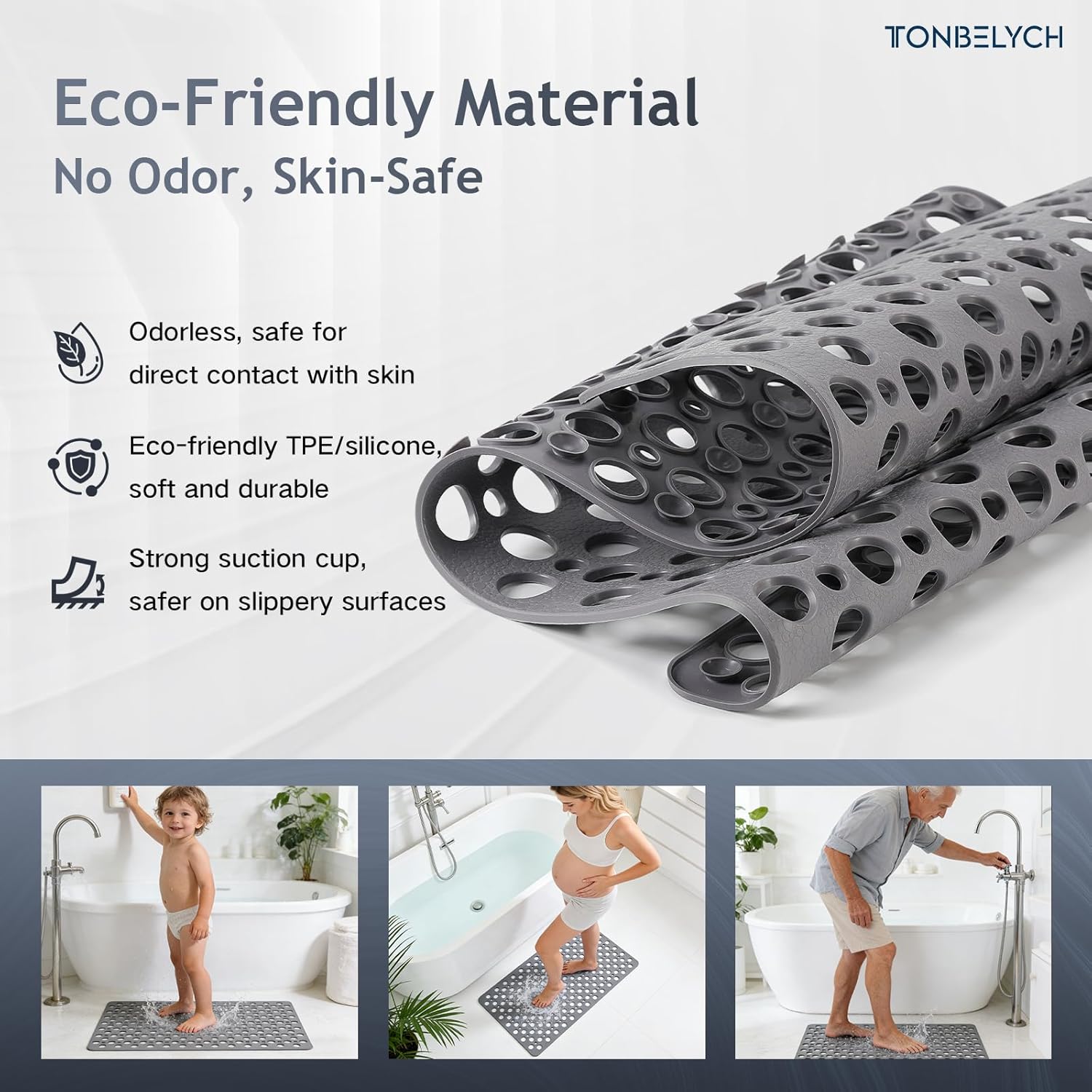 Non Slip Bath Mat for Shower & Bathtub - 30x17 Inch with Strong Suction Cups and Drain Holes, Quick-Dry, Machine Washable Floor Mat for Elderly, Kids & Pets