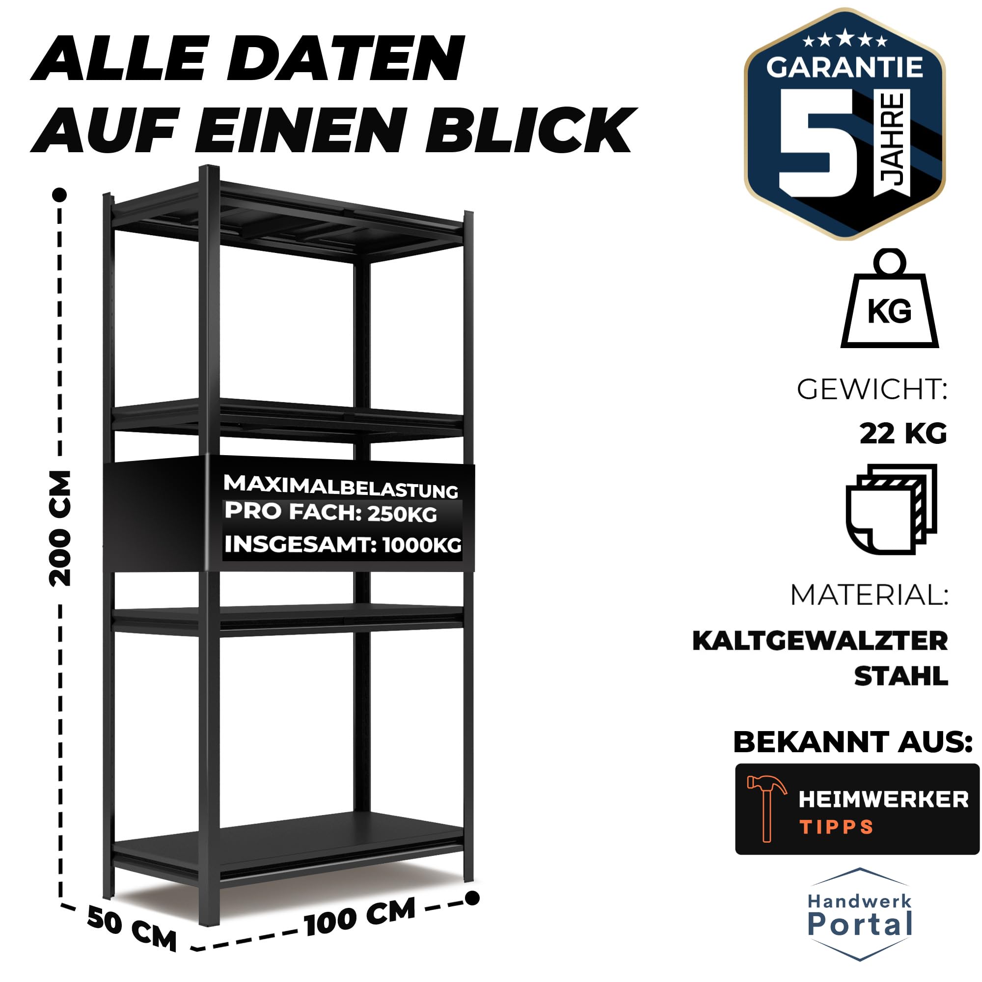 ALL Premium Metallregal Schwarz mit Schwerlastregal Metallböden 200x100x50cm - 1000kg Traglast 100% Kaltgewaltzer Stahl - Regal 100 cm Breit, Regal 50cm tief lagerregal Metall