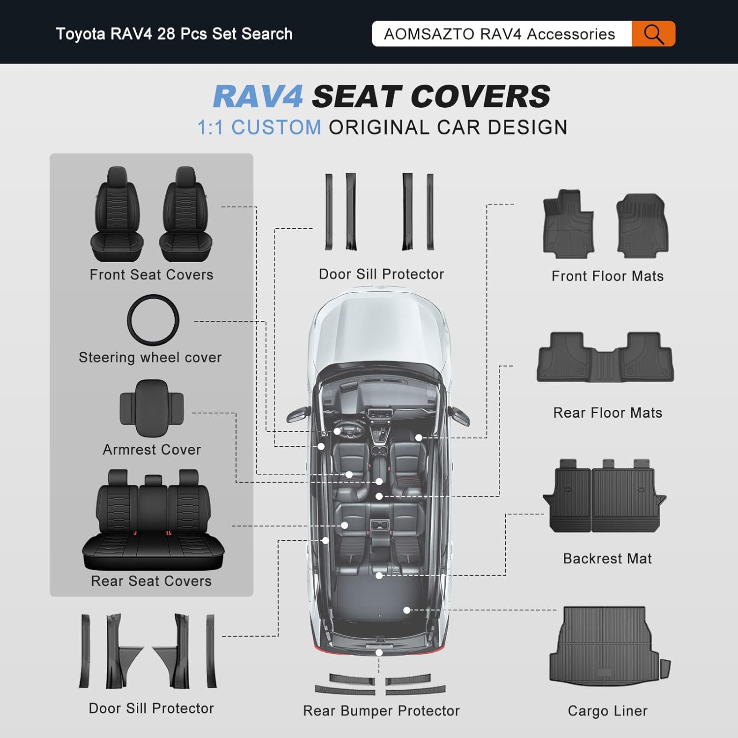 AOMSAZTO RAV4 Car Seat Covers Full Set Custom Fit for Toyota RAV4 2019 2020 2021 2022 2023 2024 2025 LE,XLE,XLE, Premium,Limited(Not for Hybrid) with Interior Accessories (Black&Redline)