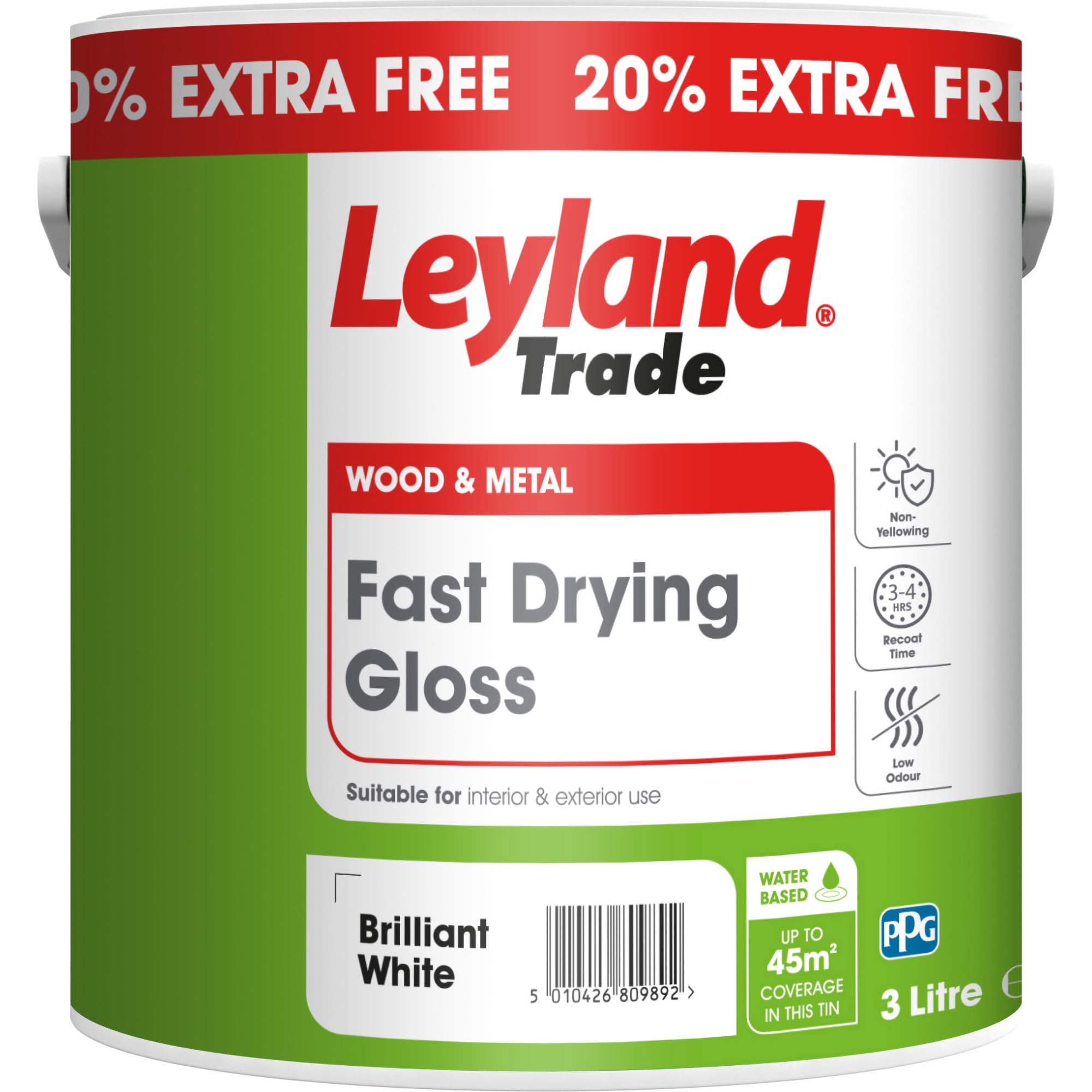 Leyland Trade – Wood & Metal - Fast Drying Gloss - Brilliant White – 20% Extra - 3L