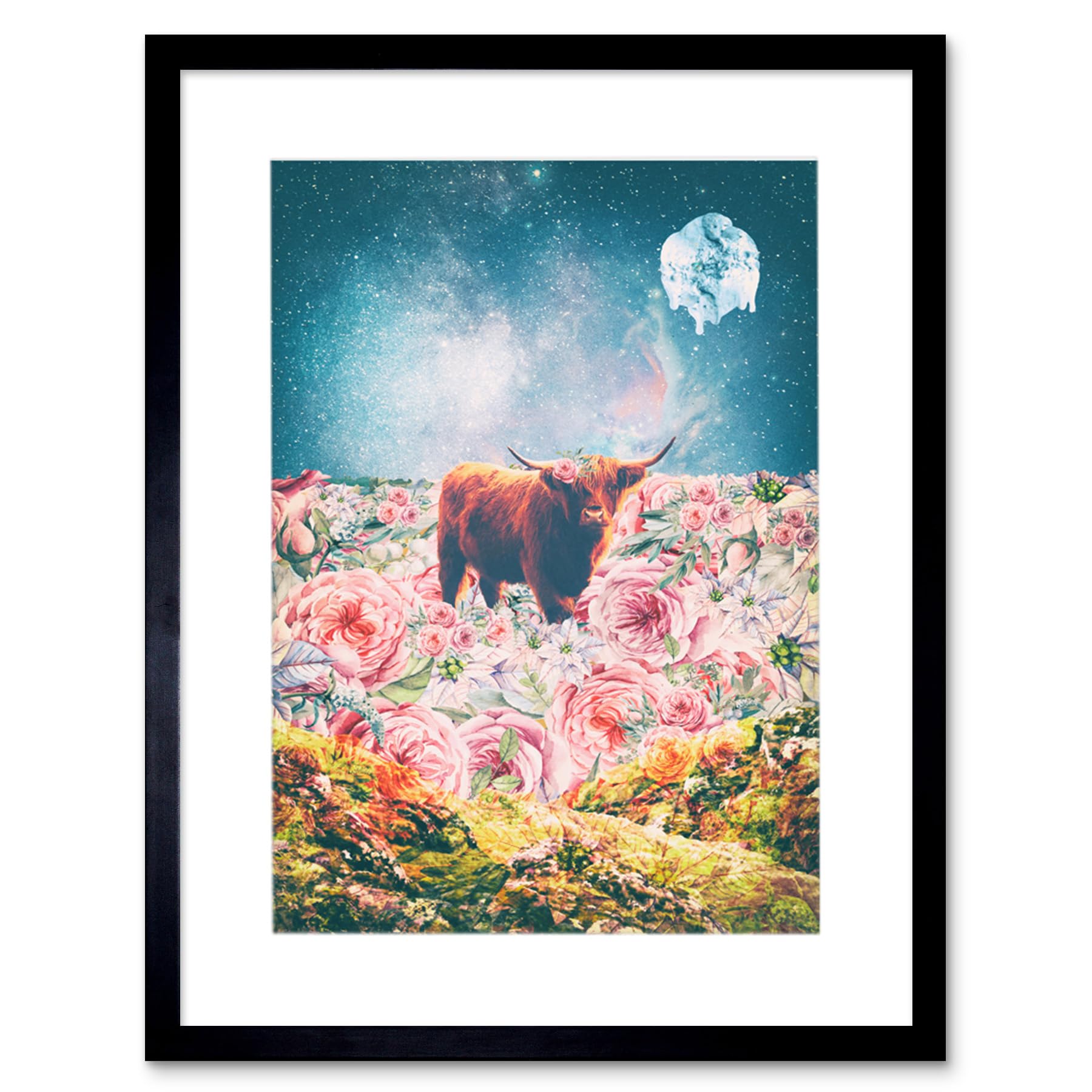 Wee Blue Coo Scottish Highland Hairy Coo Trippy Psychedelic Landscape Space Framed Art Print