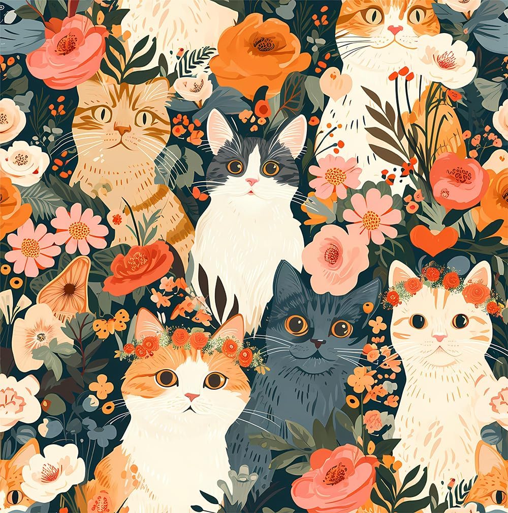 REDAMANCY Cute Dark Grey/Black/Beige Cat Pink Orange Flowers Garden Peel and Stick Wallpaper Stick on Contact Paper Vintage Wall Paper Easy Peel Off for nightstand Drawer Cabinet Renter