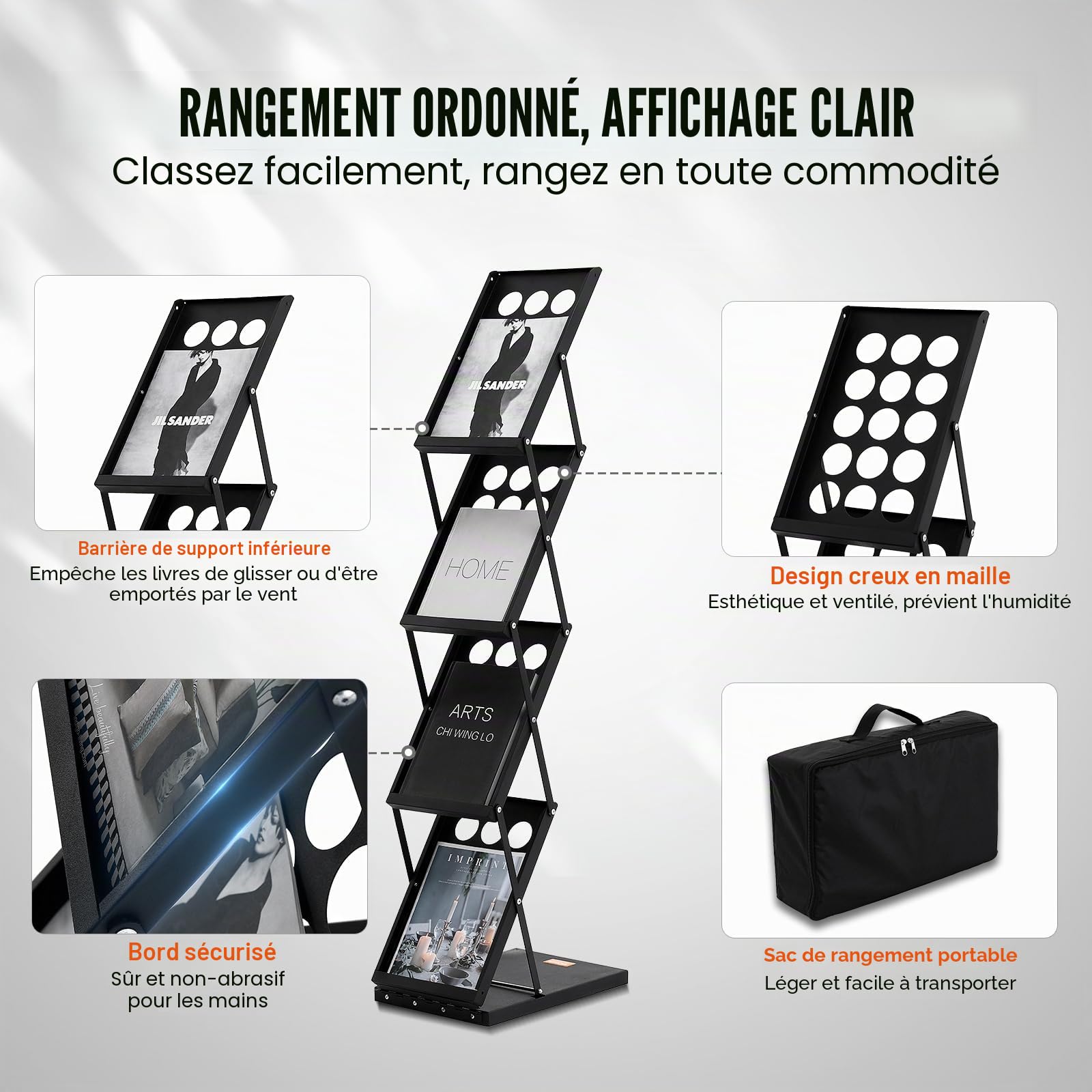 VEVOR Présentoir à Brochures Pliable, Porte-Brochures sur Pied 4 Niveaux, Porte-Revues Magazines Journaux Léger et Portable avec Sac de Transport, pour Magasin Bureau Salon Foire Exposition, 4 Poches