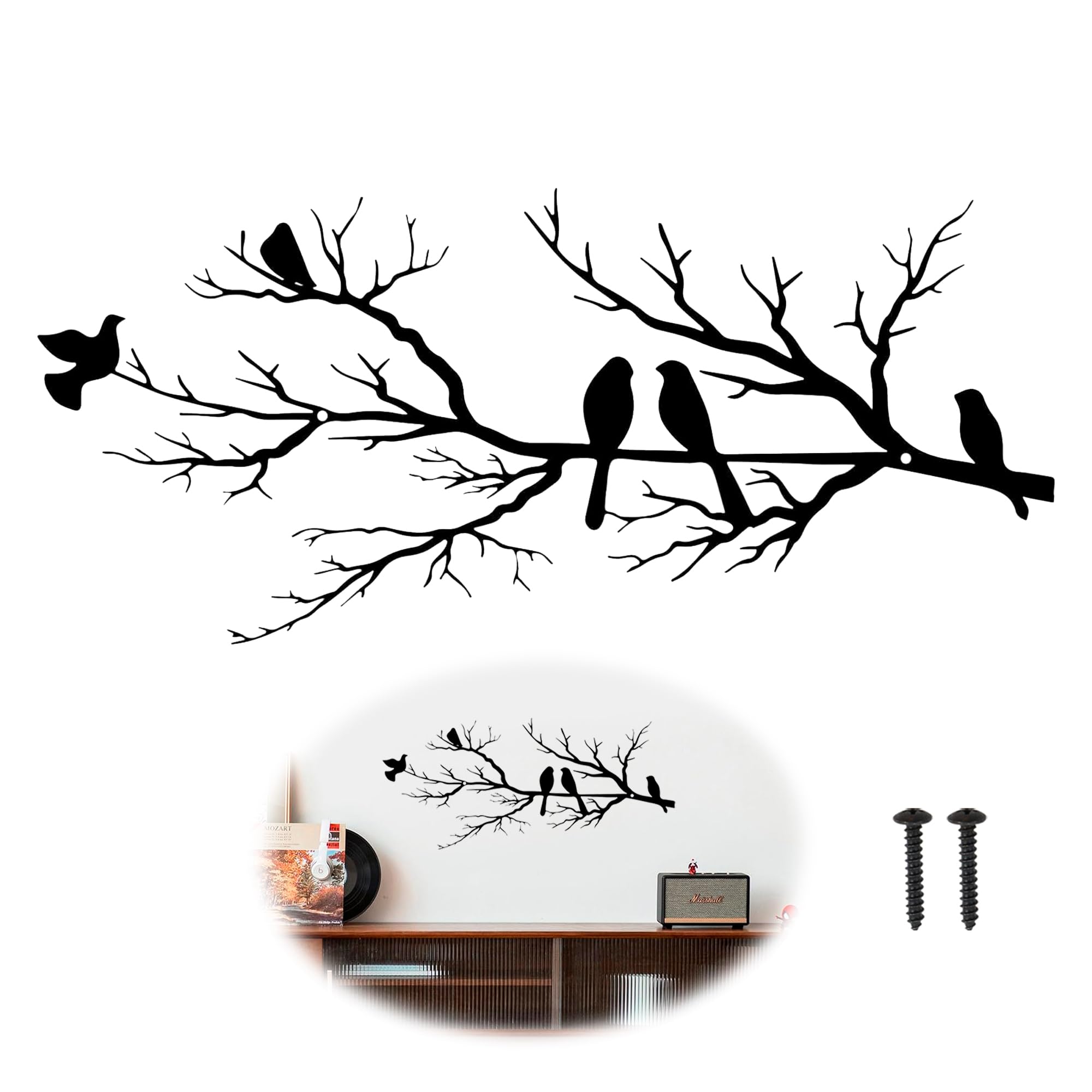 Adornos Pared Metalicos Decoracion De Salones,Negro Adornos Pared Pájaros Moderno para Decoración De Paredes Interiores Y Exteriores,Adornos Pared con Ramas Colgantes
