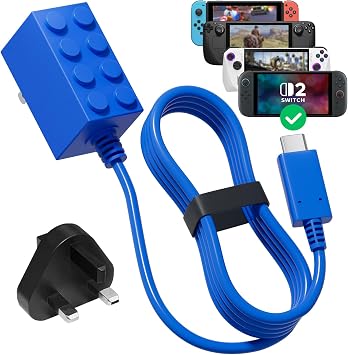 65W Switch Charger Compatible with Nintendo Switch 2/OLED/Lite, GaN Type C Fast Charging AC Adapter Power Supply for Steam Deck/Laptop/Phones, Switch Plug with 1.5M USB C Cable Suppprt TV Mode - Blue