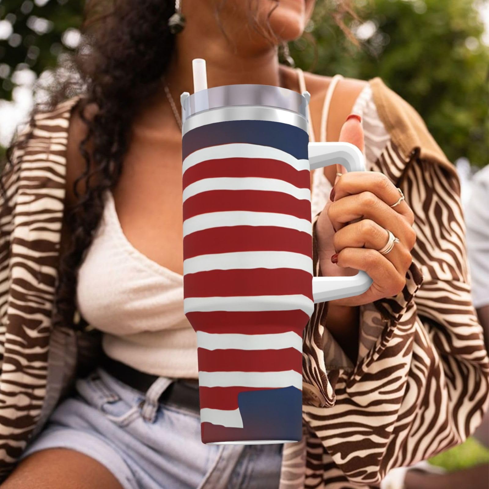 Trinkflasche mit amerikanischer Flagge, Baseball, Edelstahl, doppelwandig, isoliert, mit Griff und Strohhalm-Deckel, 1,2 l
