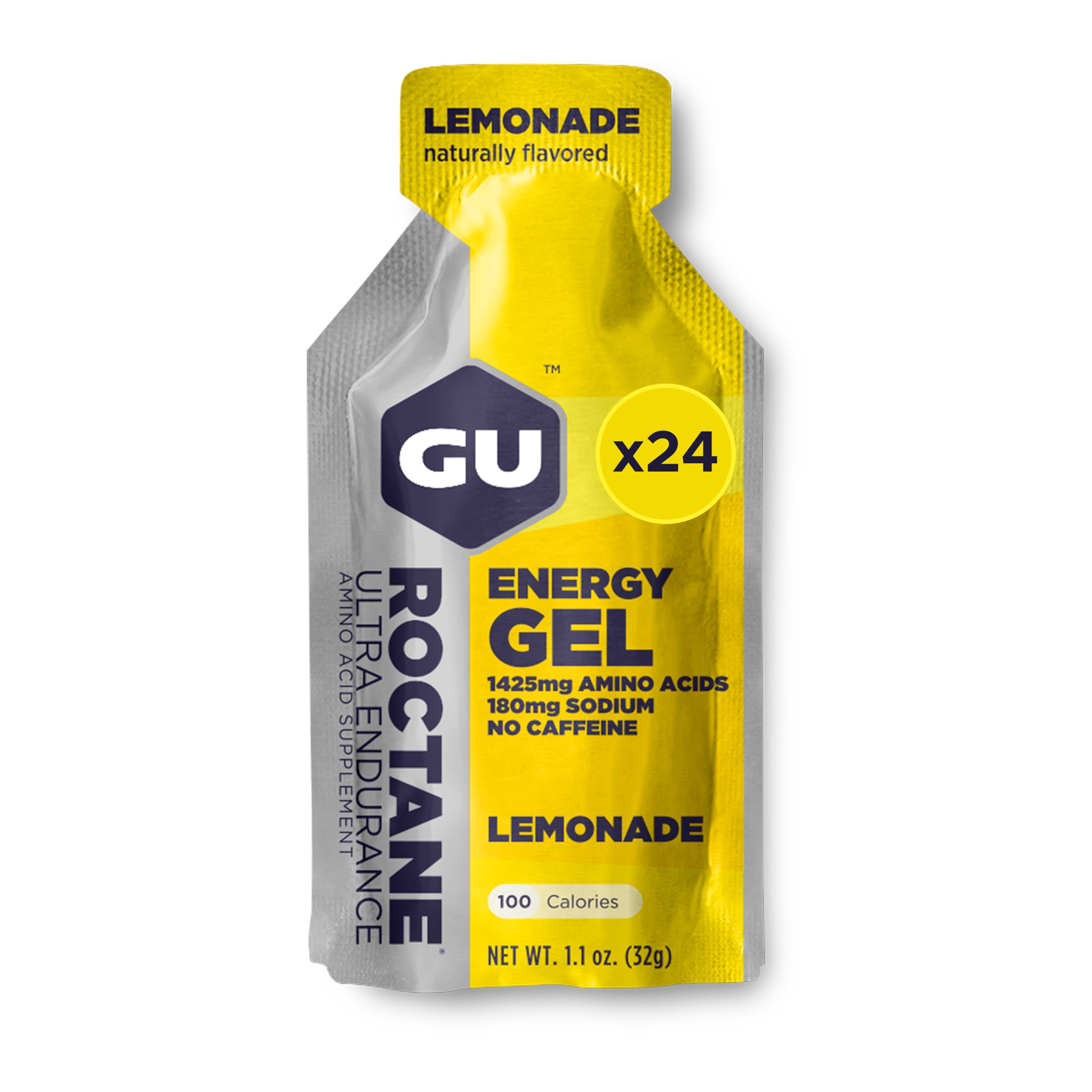 GU Energy Roctane Ultra Endurance Energy Gel, Vegan, Gluten-Free, Kosher, and Dairy-Free On-The-Go Sports Nutrition for Running, Biking, Hiking or Skiing, 24-Count, Lemonade