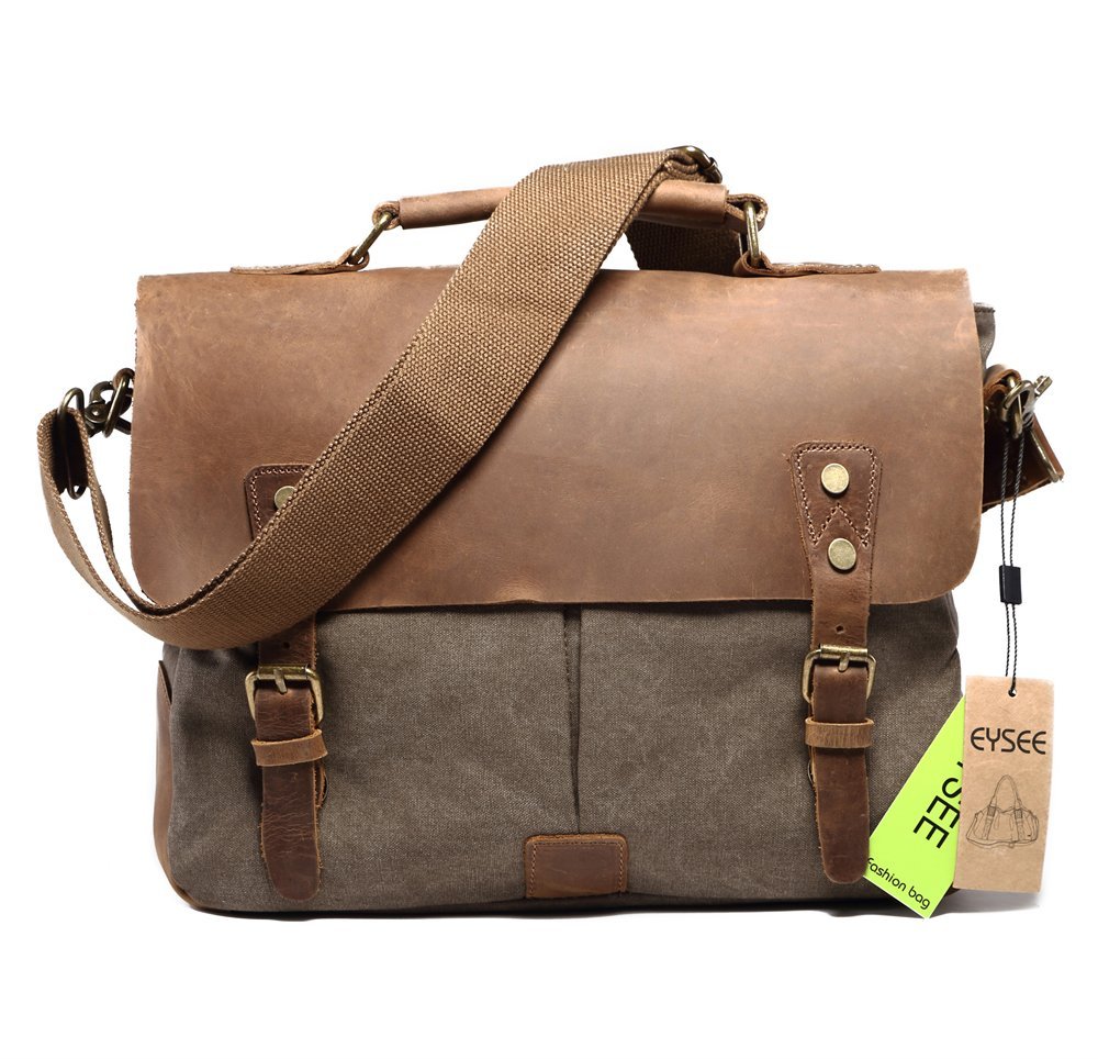 Aktentasche Herren Canvas mit Echtleder, Laptop tasche Retro Schultertasche für 14 Zoll Laptop
