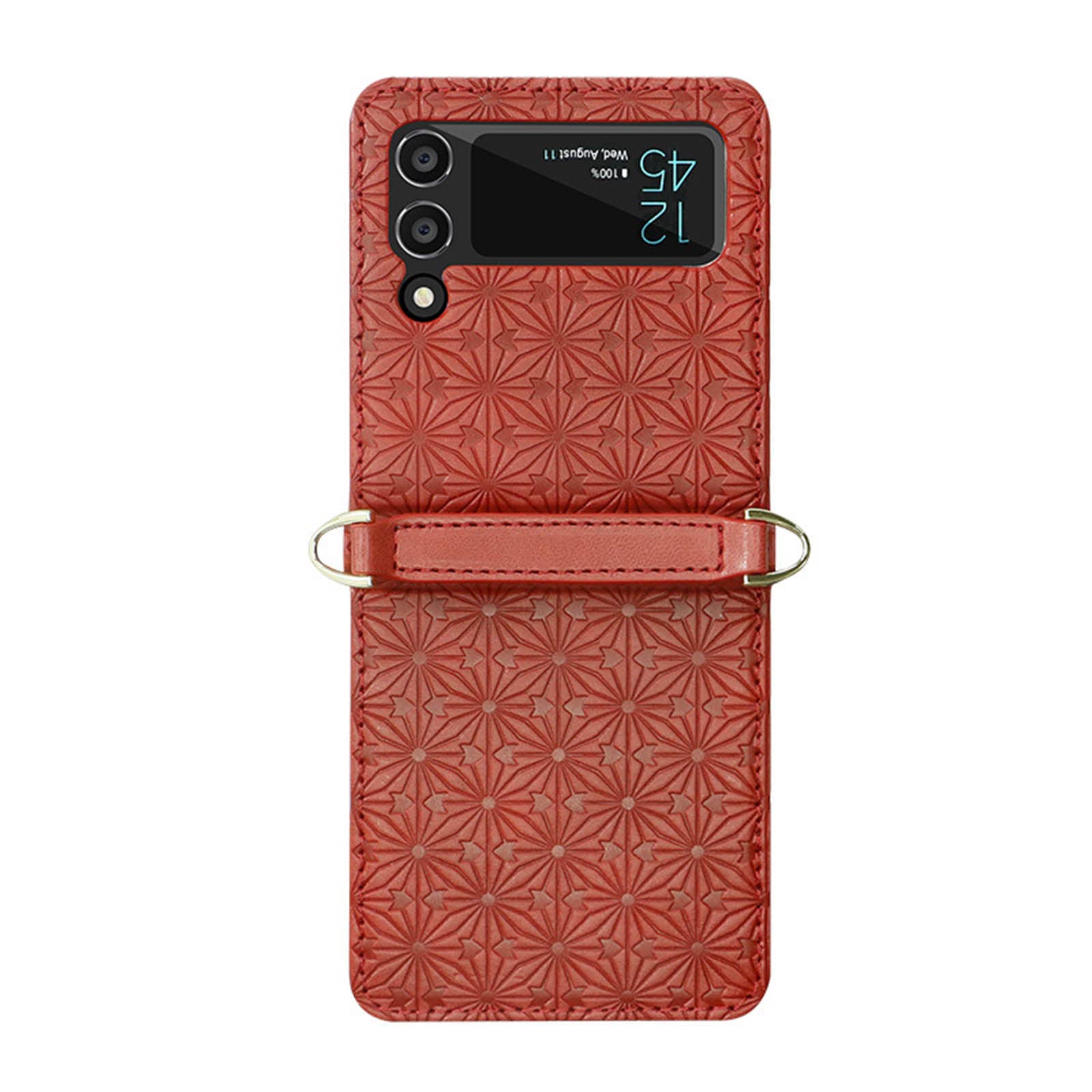 Etui do Samsung Galaxy Z Flip 3 5G z regulowanym paskiem do noszenia przez ramię, kwiat wytłaczany wysokiej jakości skóra PU twardy PC składany pokrowiec dla dziewcząt kobiet, czerwony